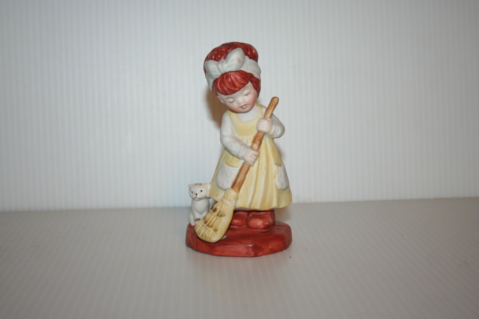 Vintage Figurine Girl w Broom Kitten At Her Feet Hand Painted Bisque Porcelain