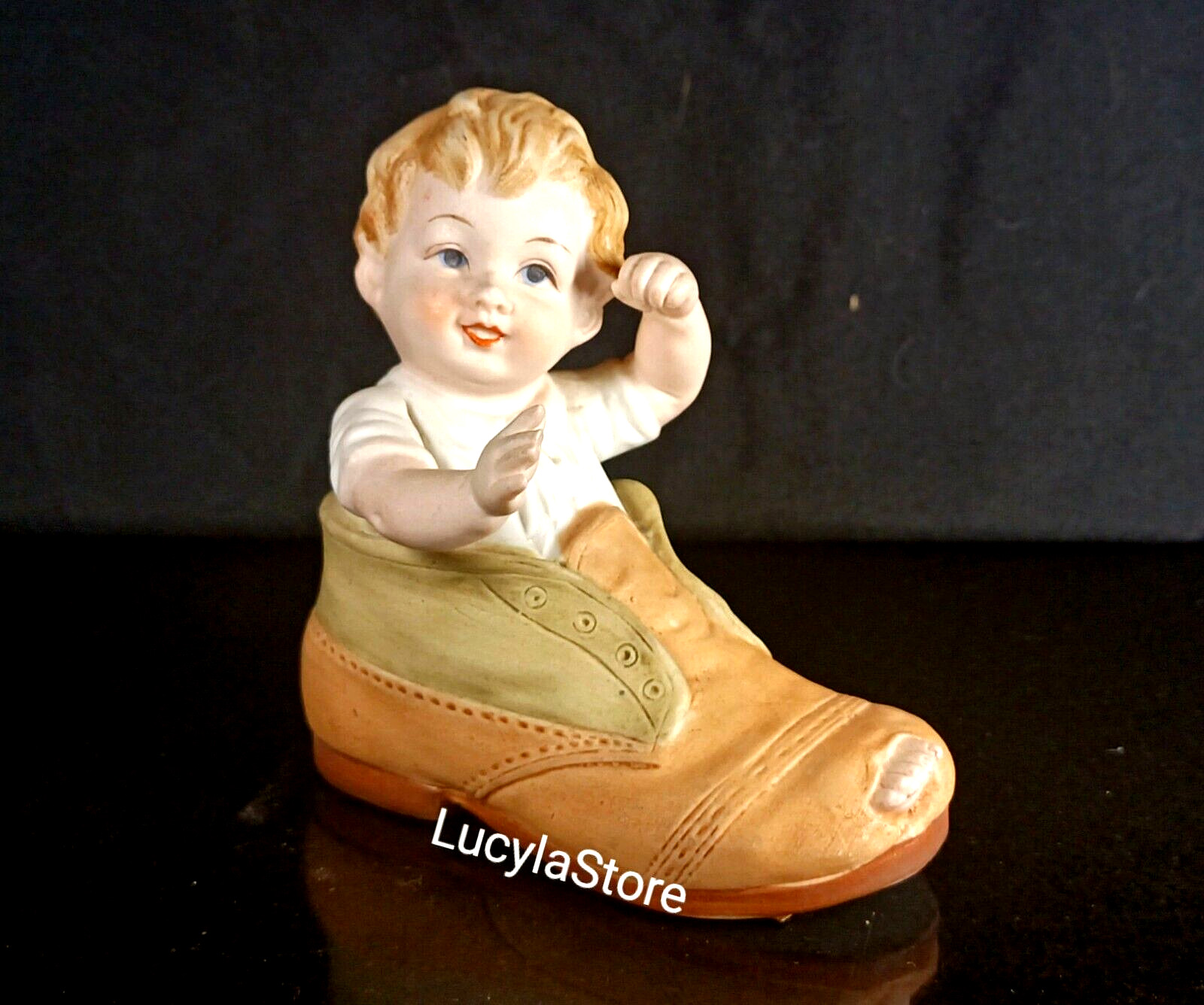Vintage Lefton Bisque Porcelain Piano Baby Boy in Shoe KW7678 Figurine 3.75 in