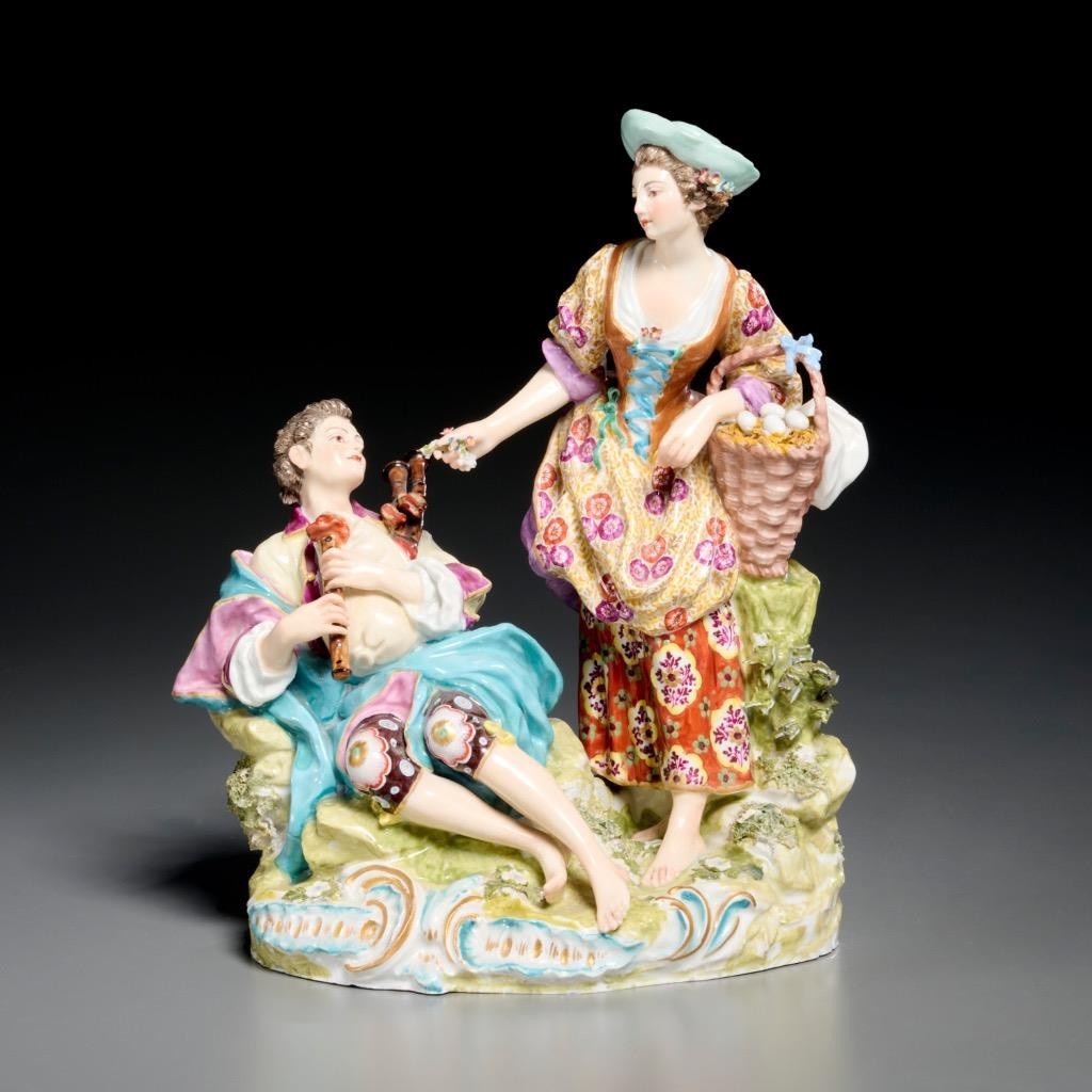 Large Chelsea Derby Style Porcelain Figural Couple Bagpipe Eggs Anchor Mark