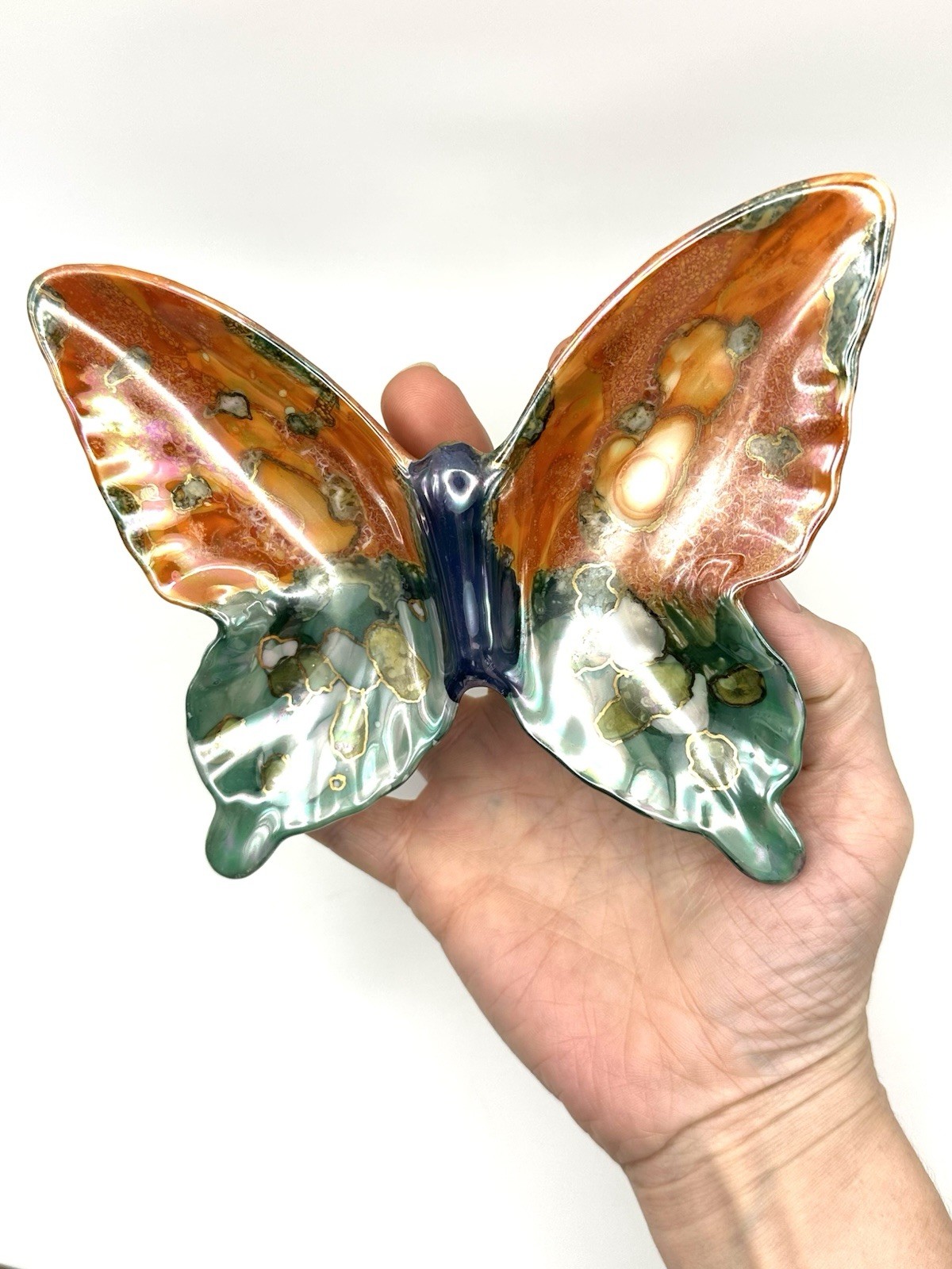 Ceramic Iridescent Glaze Blue Orange Trinket Jewelry Dish Butterfly Pottery