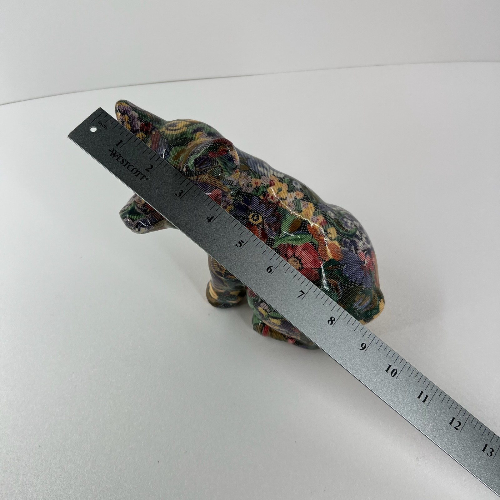 Joan Baker Porcelain Patchworks Floral Pig Figurine Vtg Decoupage 7″ Multicolor