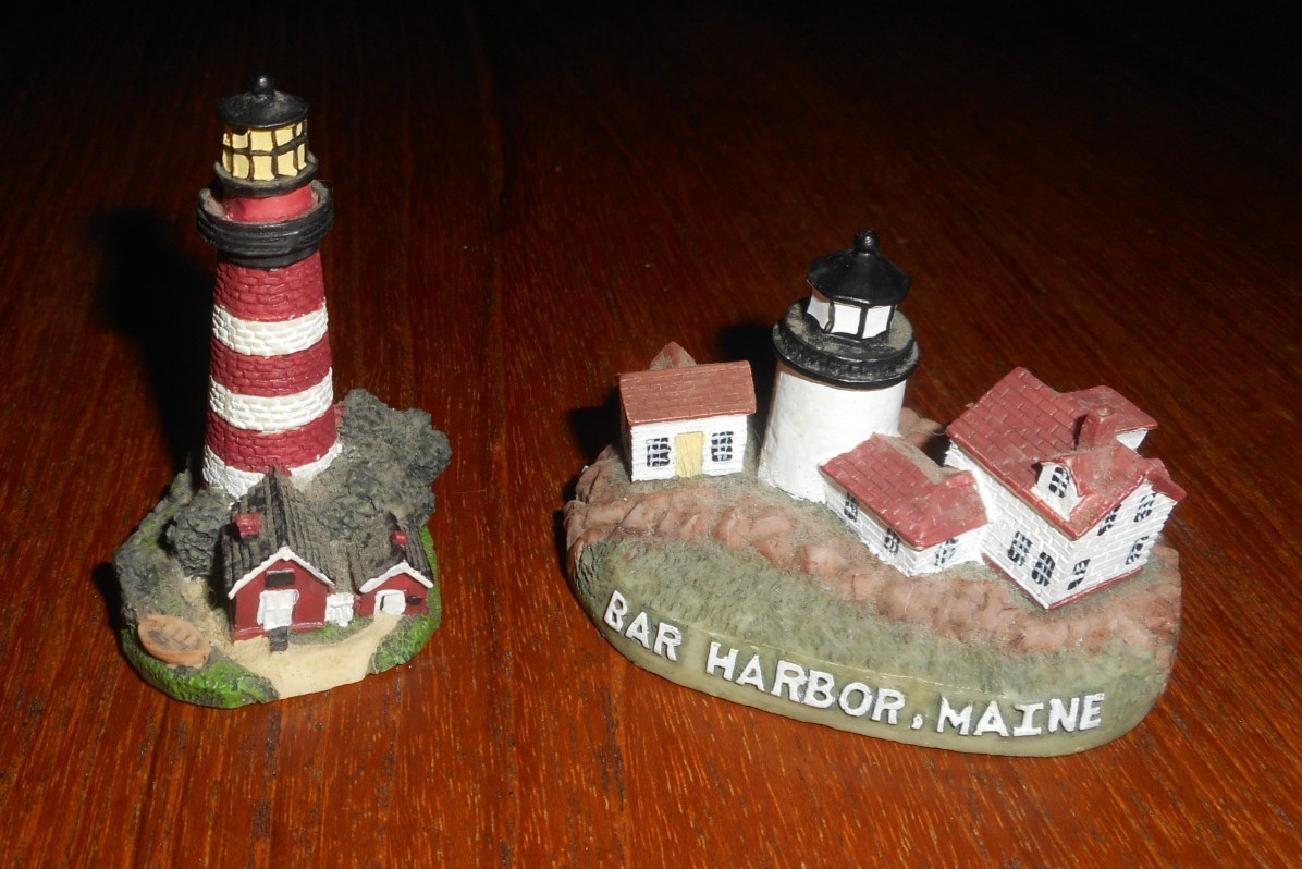( 2) Small Resin Lighthouse Figurines – Nautical Coastal Decor- Bar Harbor, ME