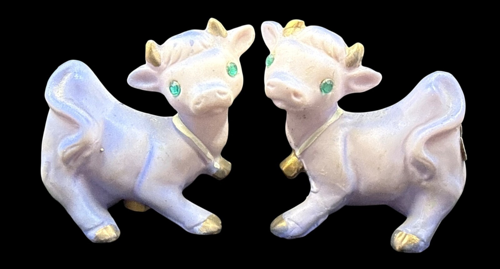 Vintage Napcoware Japan Cow Salt & Pepper Shakers Purple Gold Green Eyes MidCent