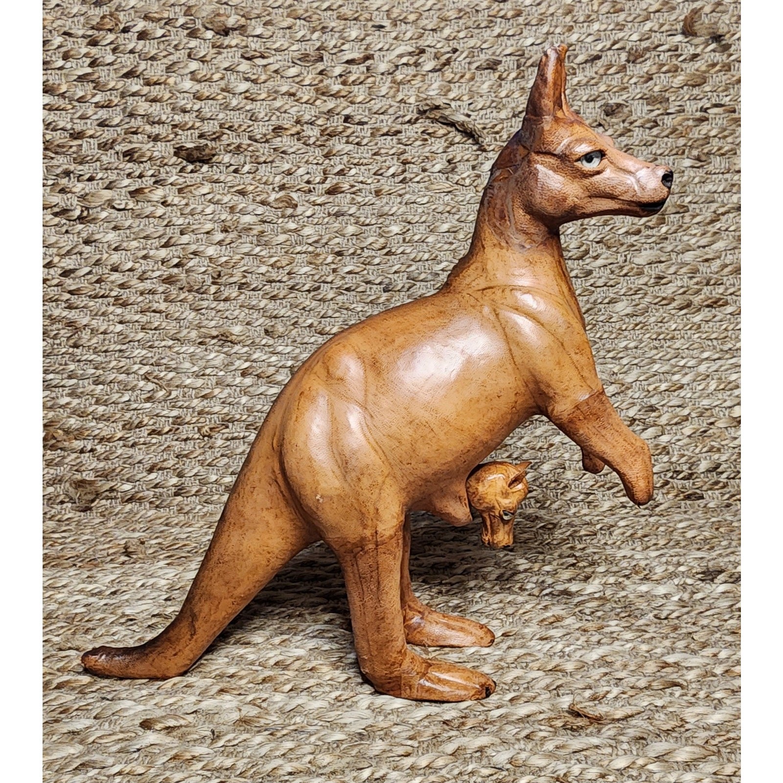 Vintage Leather Wrapped Kangaroo With Joey In Pouch Both With Glass Eyes 13.5″