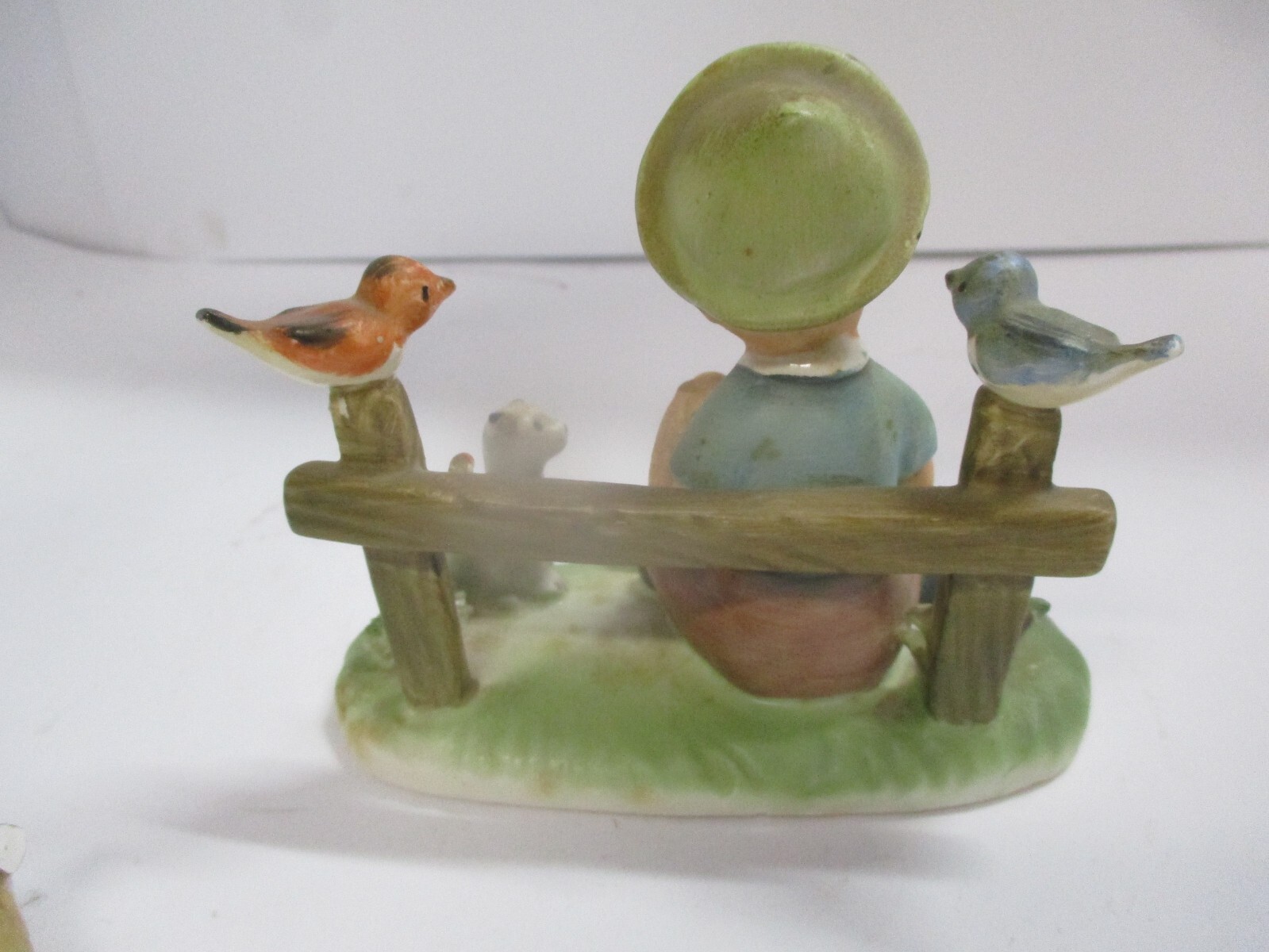 Vintage Ceramic Figurine Boy with Butterfly Net, Birds, Dog, Fence