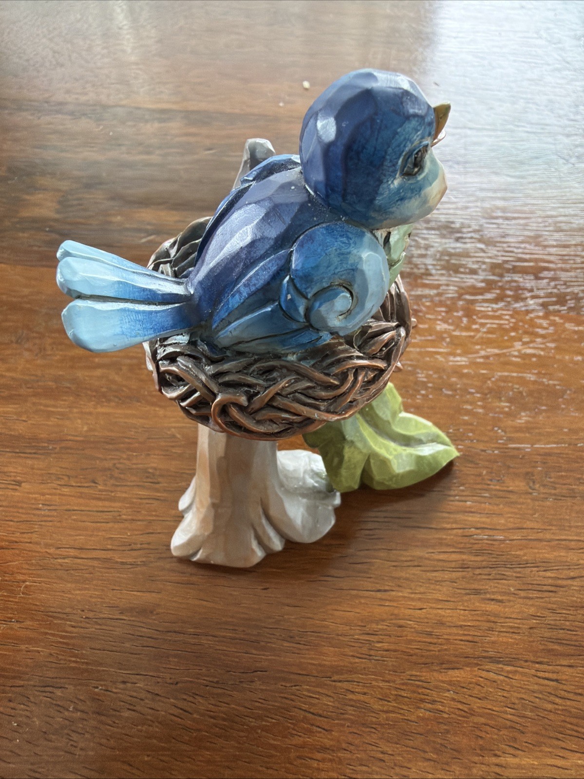 Jim Shore Pink Cheeks Bluebird Figurine on Branch Nest w/ Leaves Hand Painted