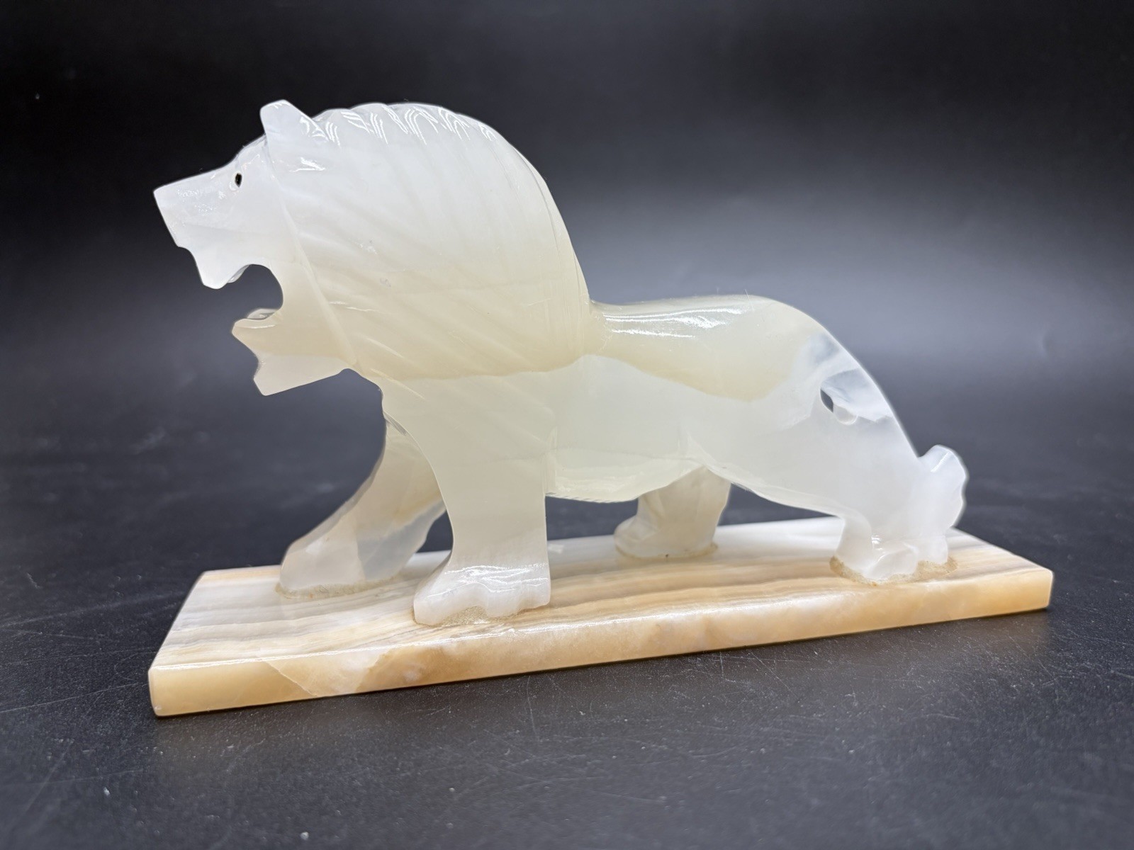Vintage Hand Carved Art Deco Style Onyx Stone Lion On Onyx Base Sculpture