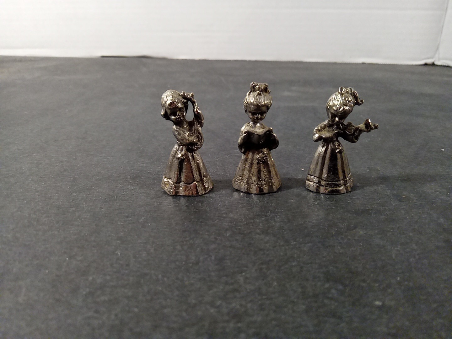 Miniature SET 3 Pewter Girl Figurines with Songbook Violin Mandolin 1 3/8” Tall