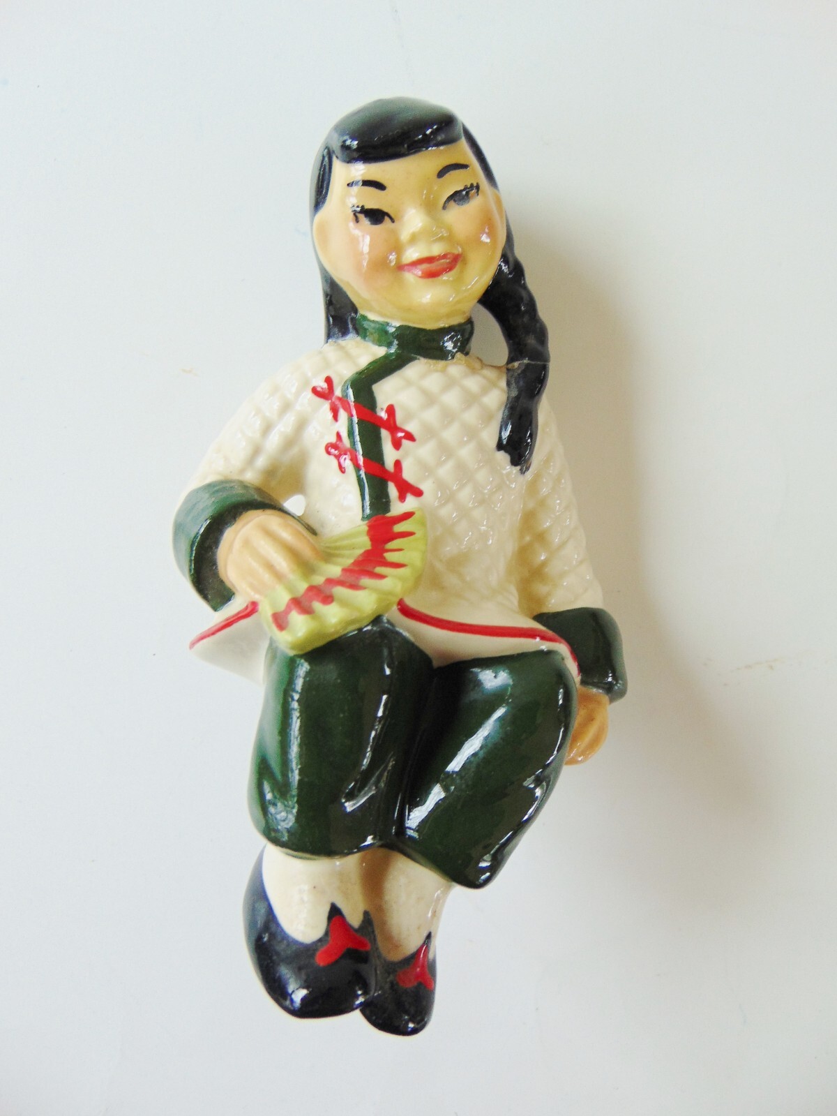 Pair of Vintage Ceramic Art Studio Shelf Sitter Figurines, Chinese Girls