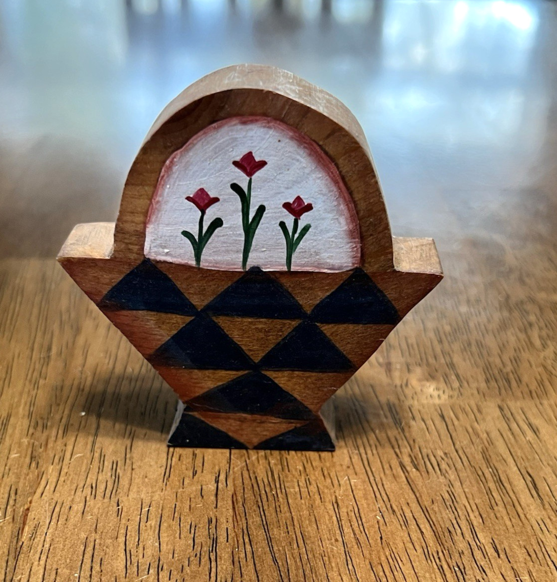Vintage Hand Painted Flower Basket Shelf Sitter Wood Primitive Folk Art Country