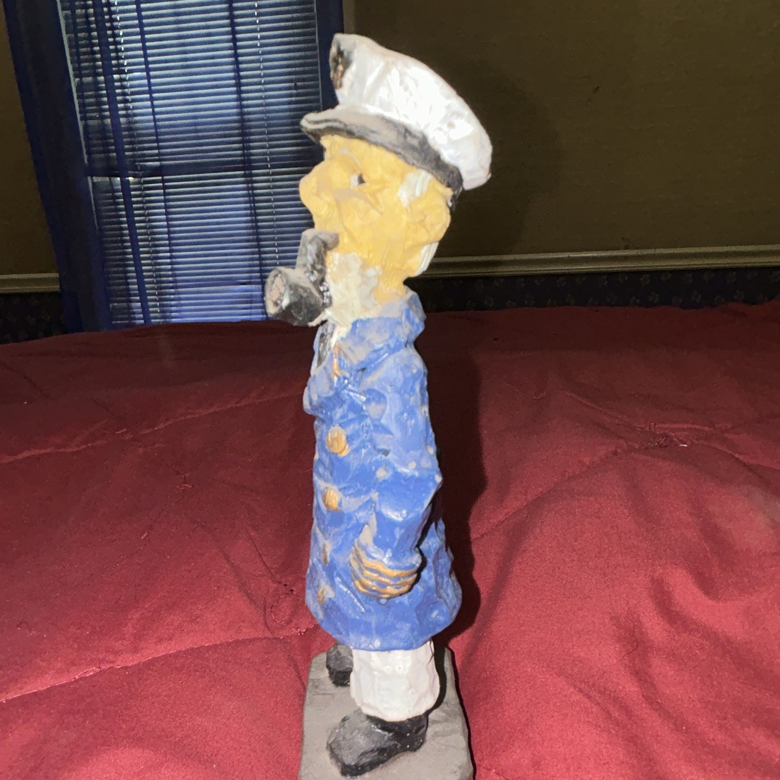 Hand Painted Wooden Nautical Sailor Figurine Blue Coat White Hat Pipe Gray Base