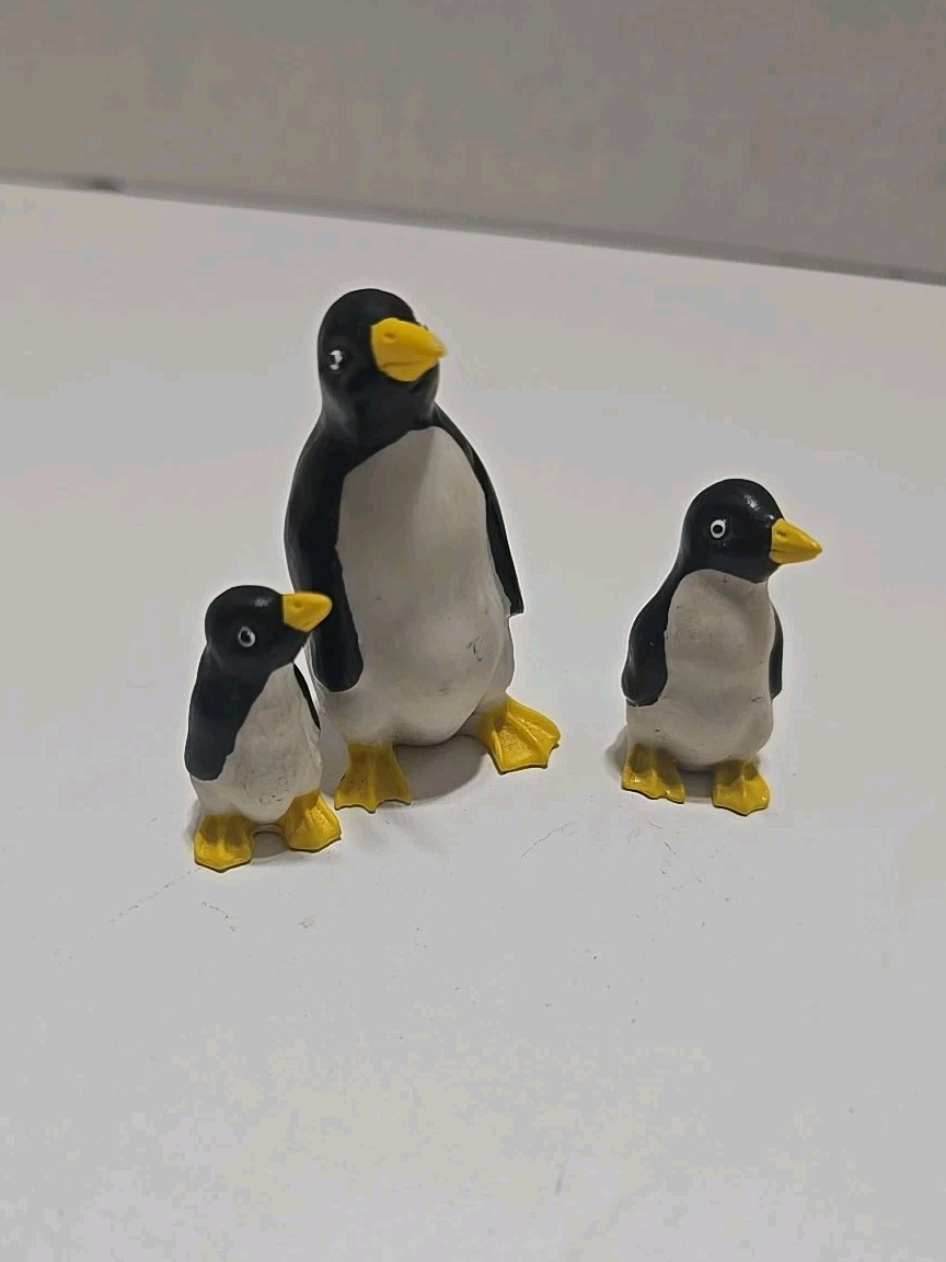 3 Penguin Figures. Black & White Tuxedo Mom + 2 Babies. Adelie VTG Miniature Acc