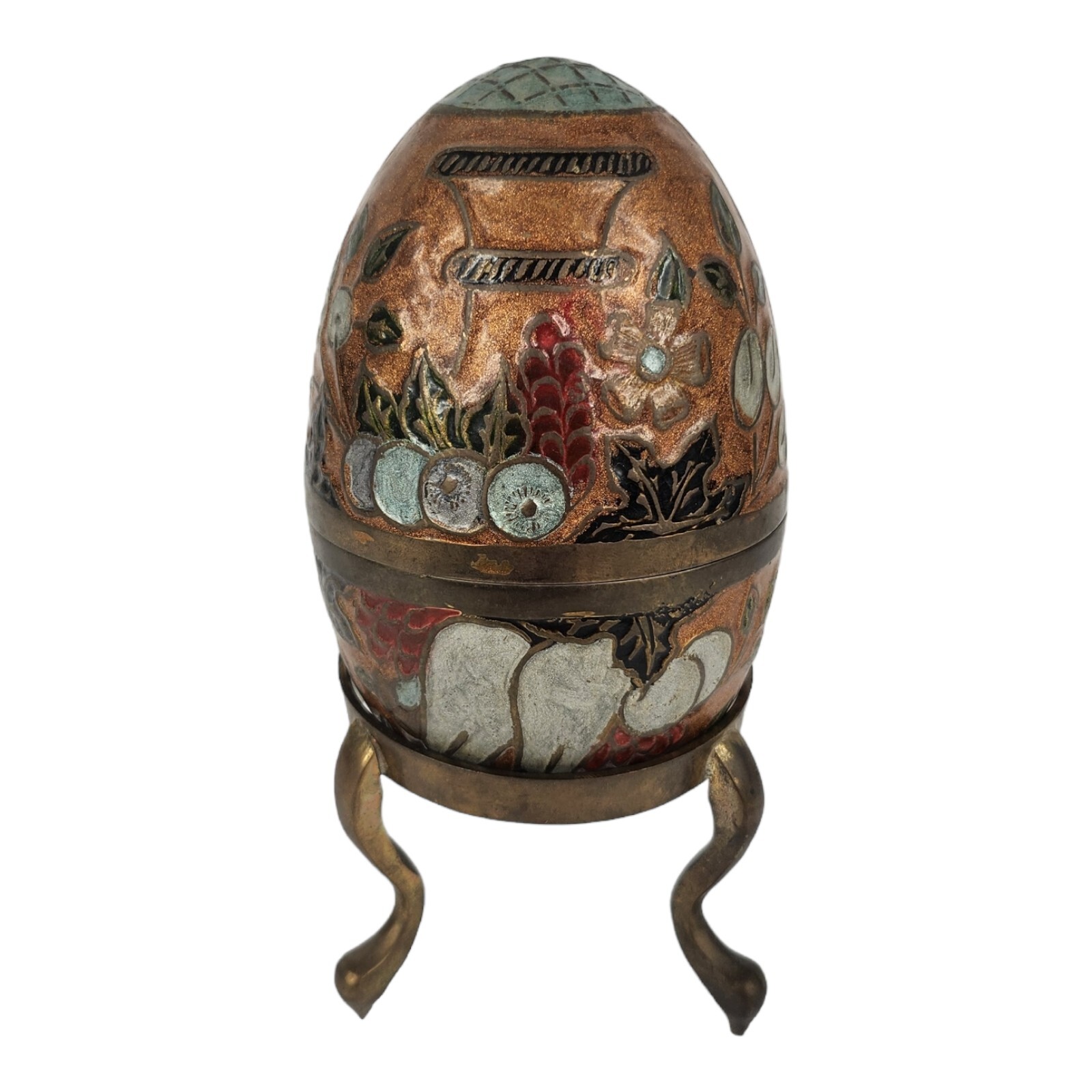 Vintage Brass Enamel Cloisonné Egg Metal Brass With Stand
