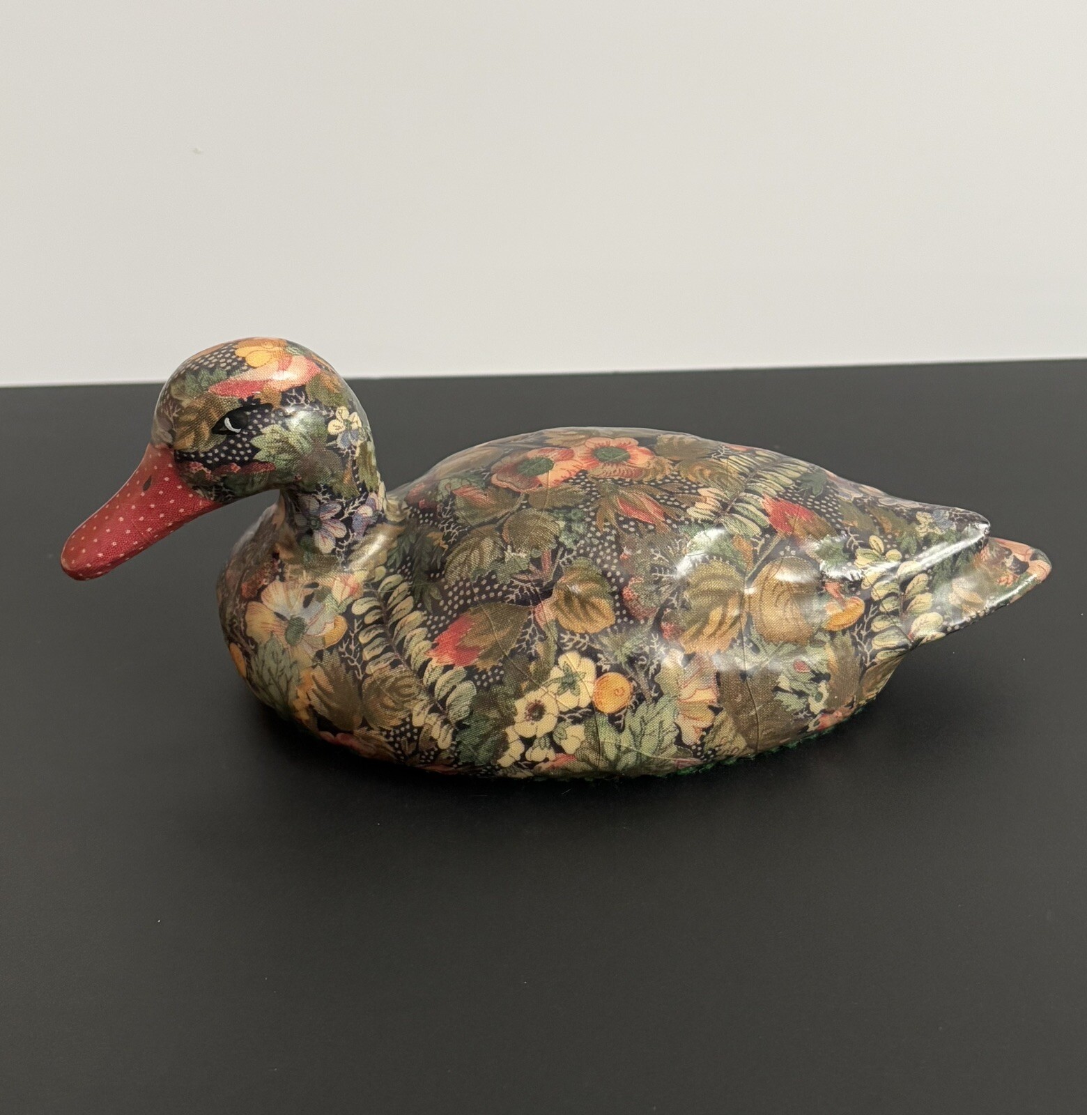 VTG Floral Patchwork Decoupage Wooden Duck Decoy Figurine With Red Bill