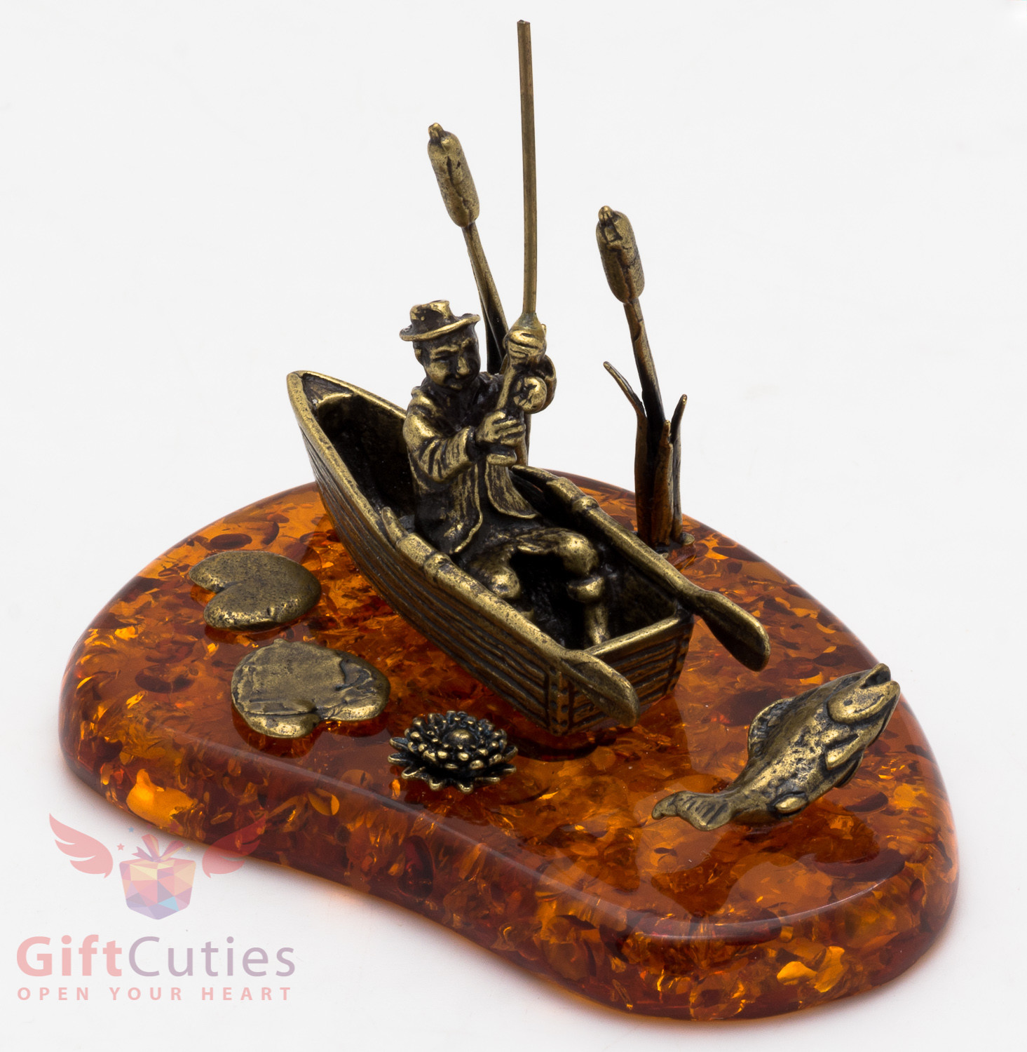 Solid Brass Amber Figurine Fisherman in boat Fishing on the lake IronWork