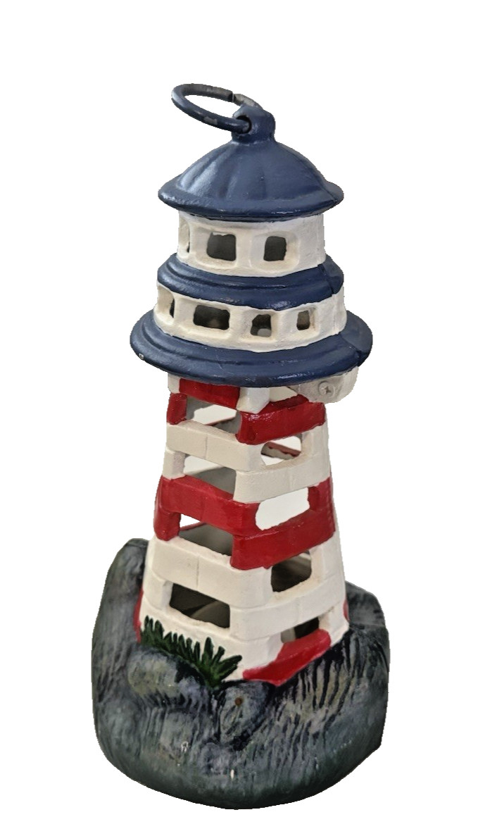 VTG Cast Iron Lighthouse Candle Holder Door Stop 10.5” H Wht,Red Stripe Nautical