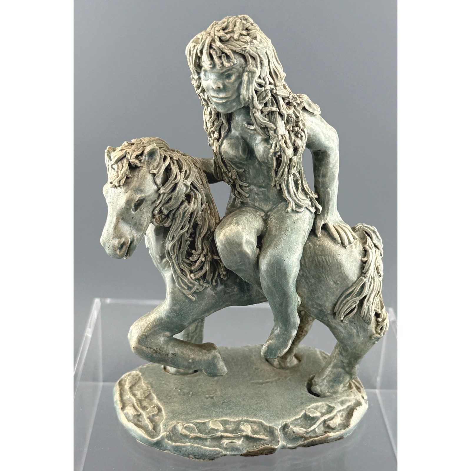 Vintage Ceramic Figure Nude Woman Riding Horse Sculpture Artist Signed 5.5in