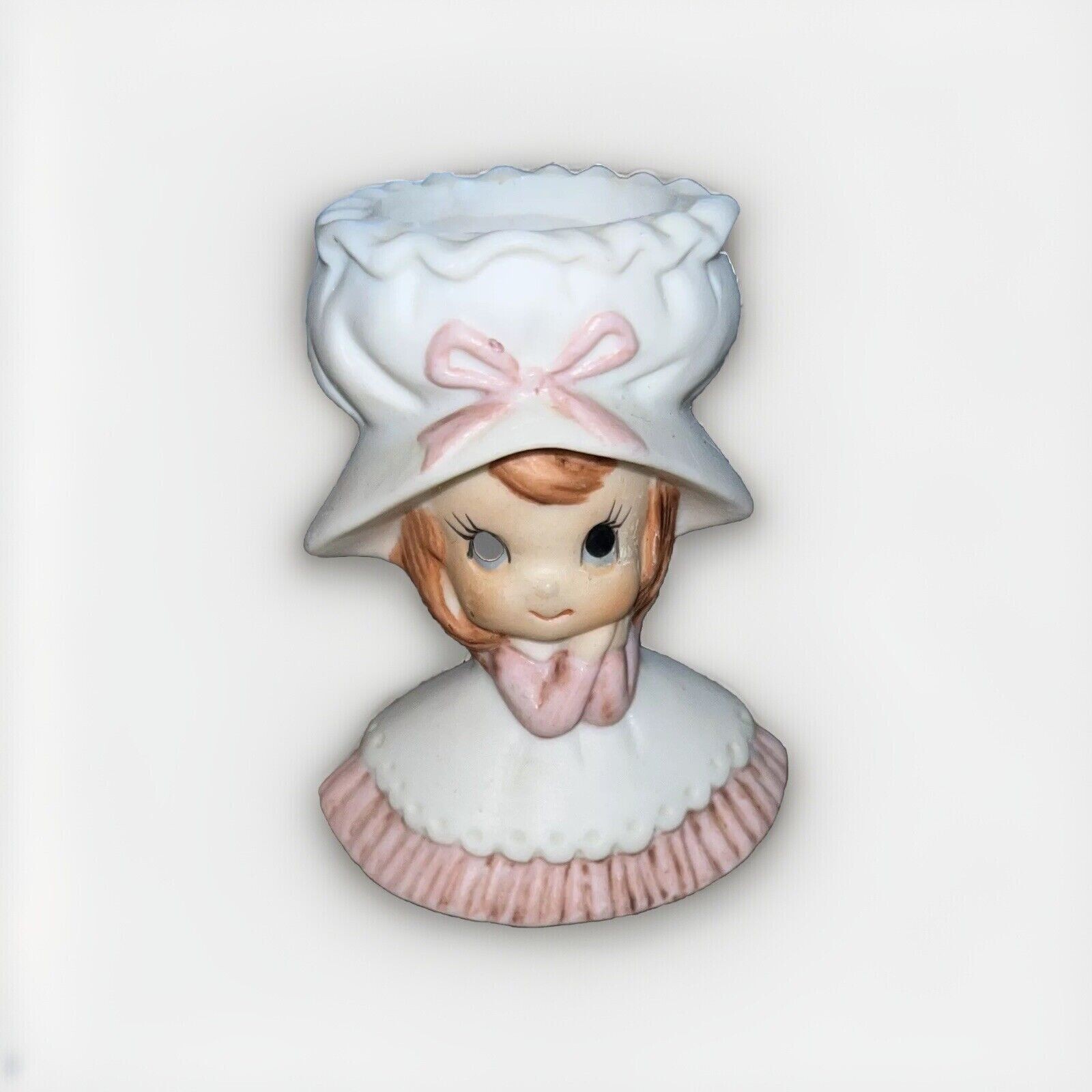 Vintage Napcoware Ceramic Pin Cushion 2.5 Inch Girl Pink White Dress Bonnet 132