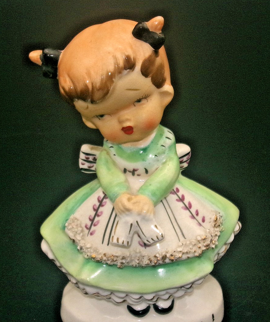 Vintage Ucagco Girl Green Dress “Lonsome for You” Valentine Figurine Japan RARE