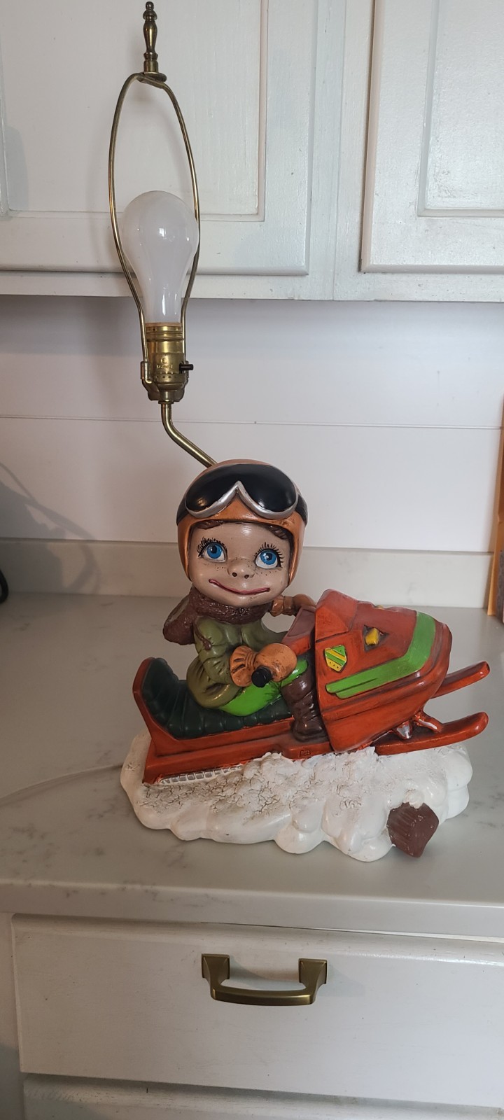 1970s Vintage “Smiley Boy” On Snowmobile Ceramic Lamp By Atlantic Mold Signed