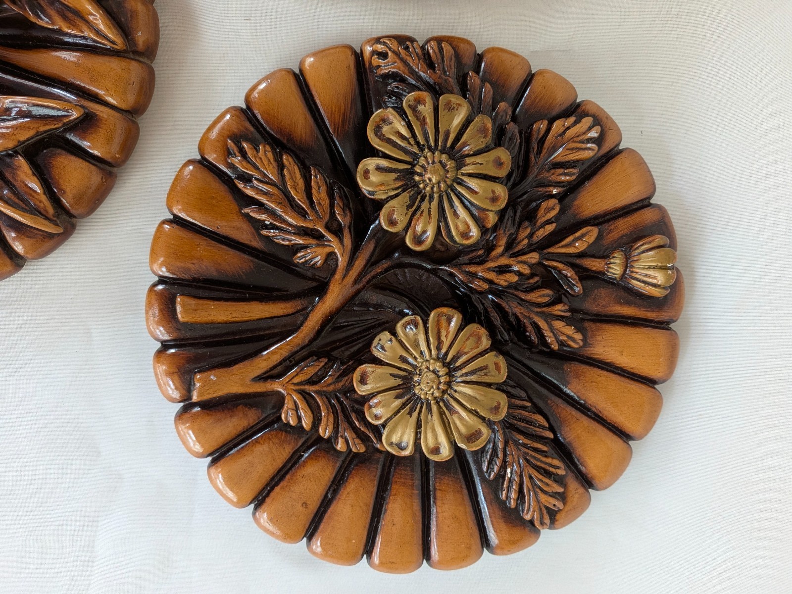 Set Of 3 Gold Chalkware Plaster Round Wall Plaques Flowers 4 Seasons Retro MCM