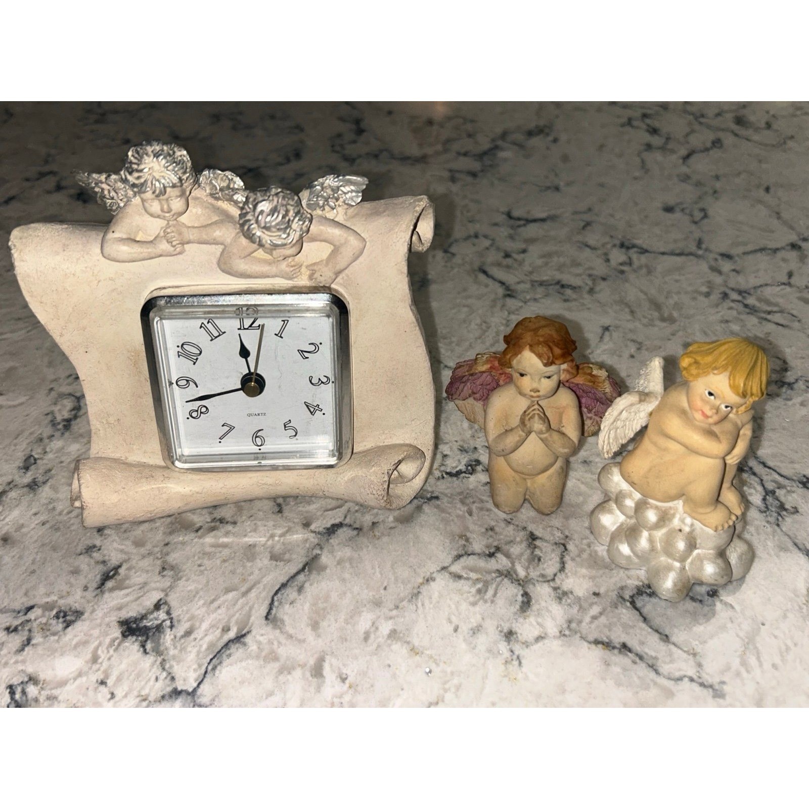 Vintage Angel Decor Bundle Working Mantel Clock & 2 Figurines Cherub