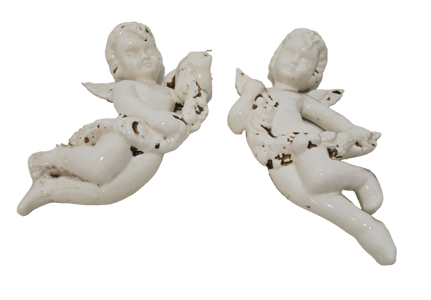 VTG Pair of Wall Hanging Cherubs Angels Ceramic Chalk White Distressed 6.5″ Tall