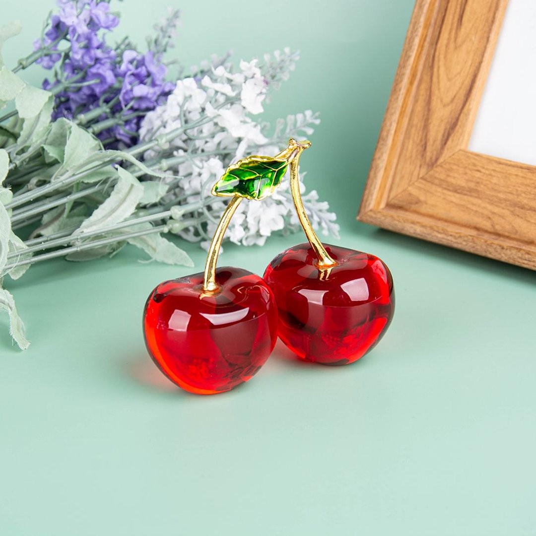 Crystal Cherry Figurine Collectible Glass Fruit Ornament Tabletop Wedding Decor