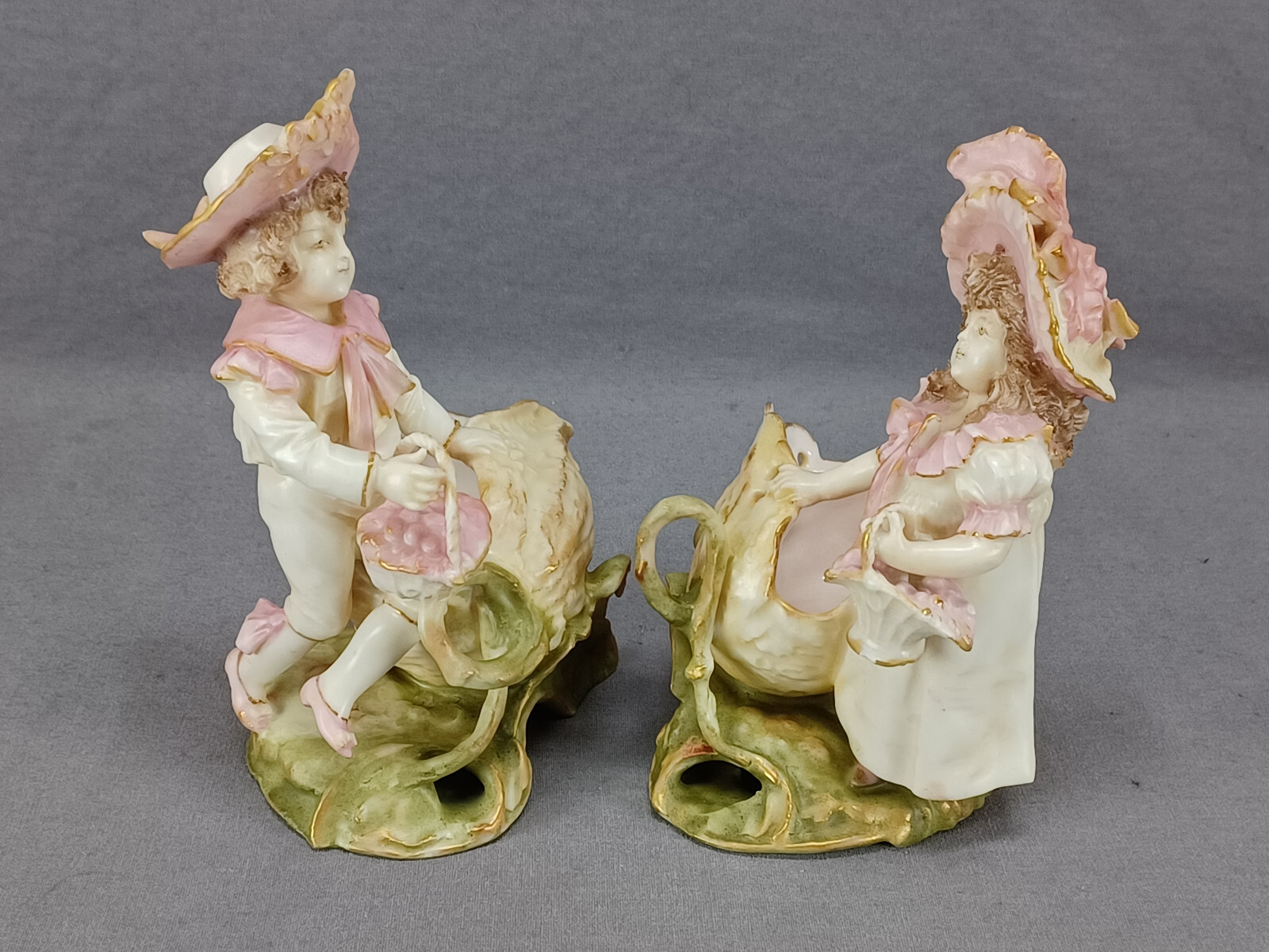 Pair of Ernst Wahliss Art Nouveau Children Floral Figurine Sweet Meat Dishes