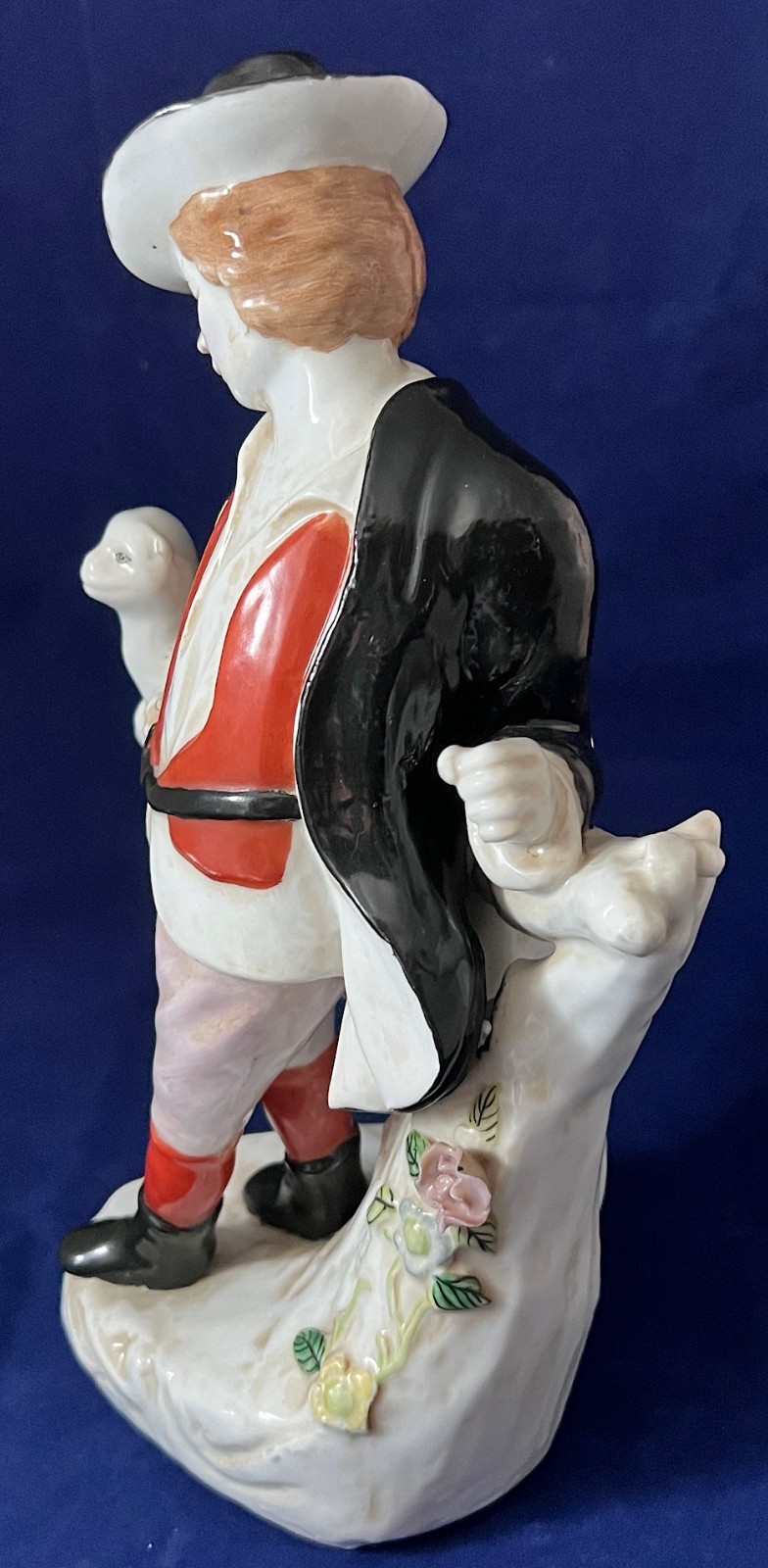 Figurine Enamel Porcelain Boy & Dog, 10.5” Tall, Vintage Early-Mid 20th Century