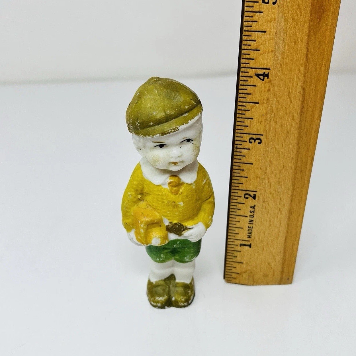 Vintage 1930s Japan Bisque Boy Figurine Brown Hat Yellow Jacket 4″ Porcelain
