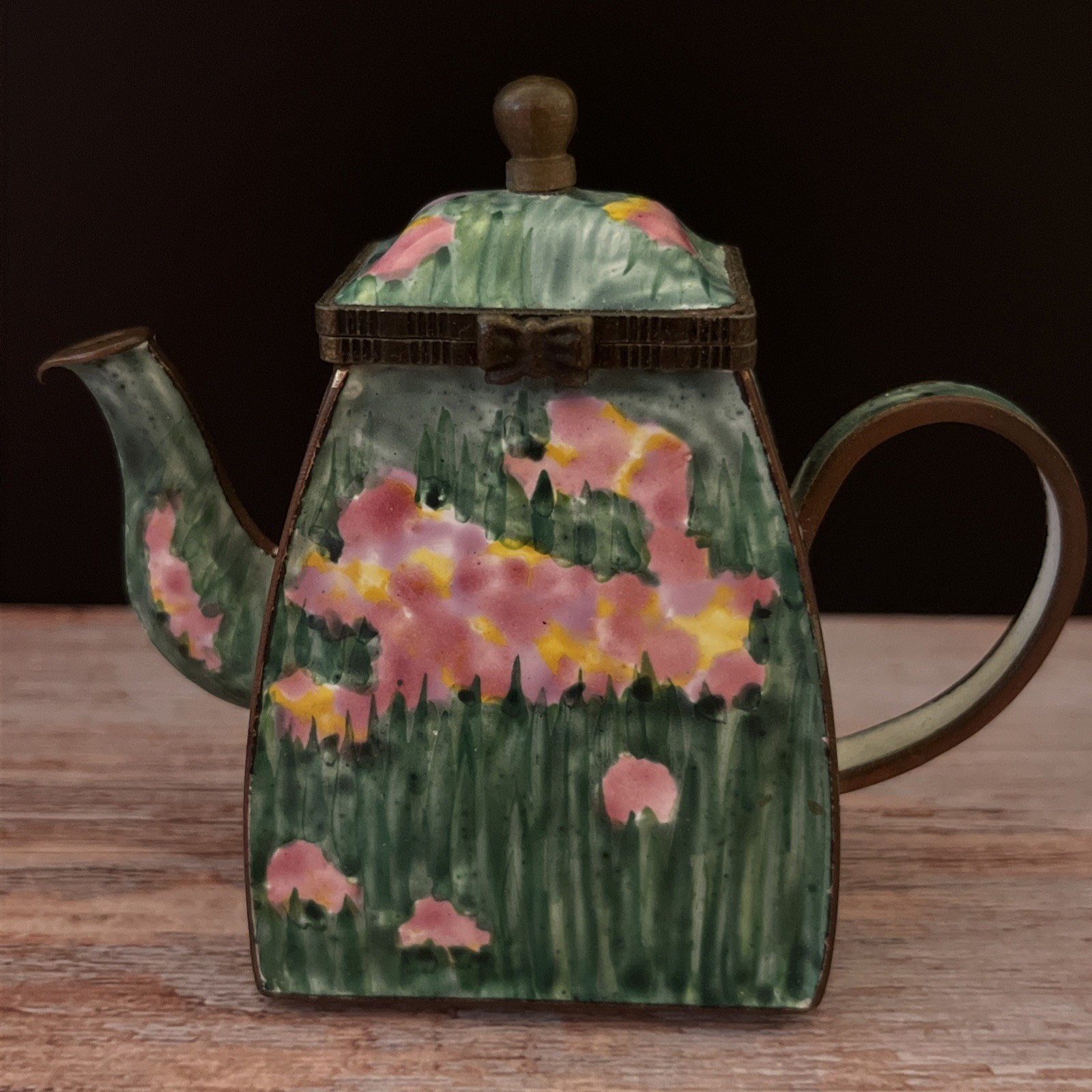2001 Kelvin Chen Miniature Teapot “Mixed Tulips” Green Pink Enamel Hand Painted