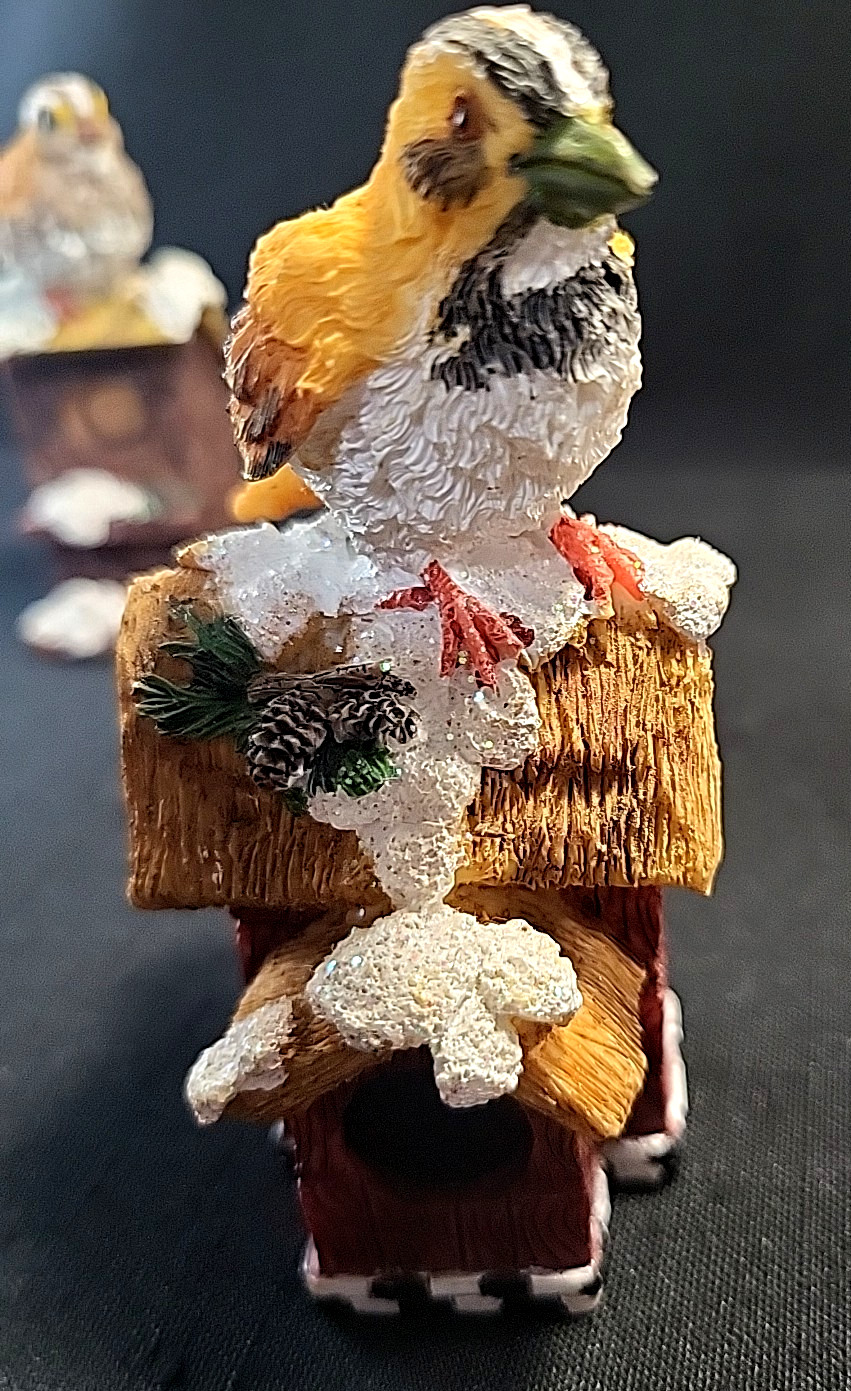 Set Of 3 Birds On Snow Covered Birdhouses Winter 4 Inches