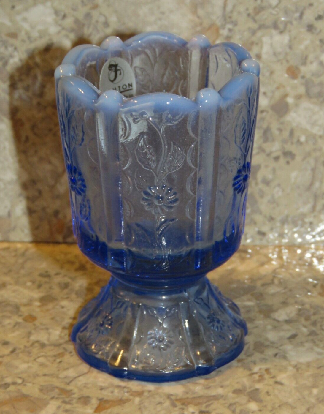 VTG Fenton Blue Opalescent Paneled Daisy Footed Candle Toothpick Holder Sticker