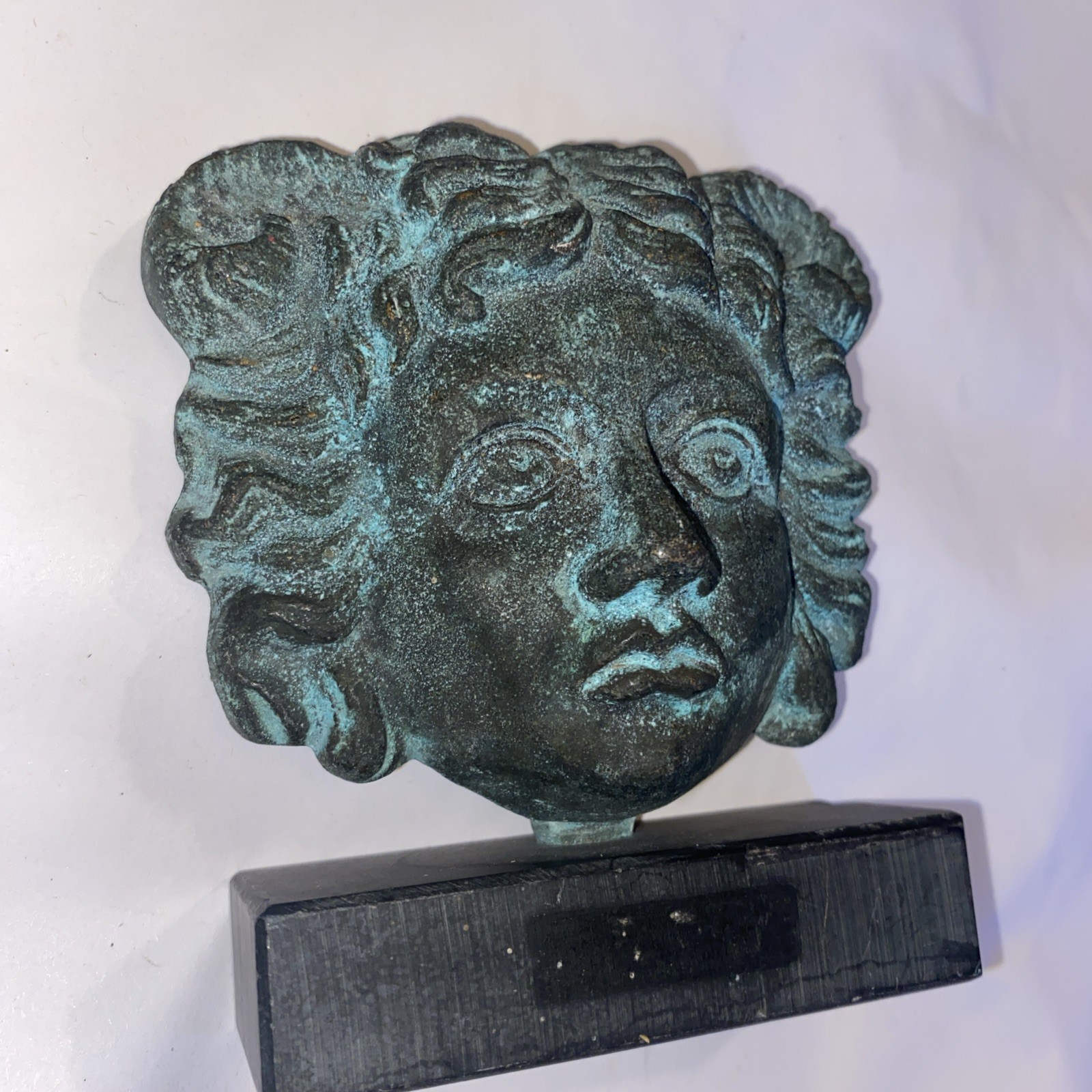 Medusa 4″ Bronze Head Mask Sculpture On Black Marble Etruscan Greek