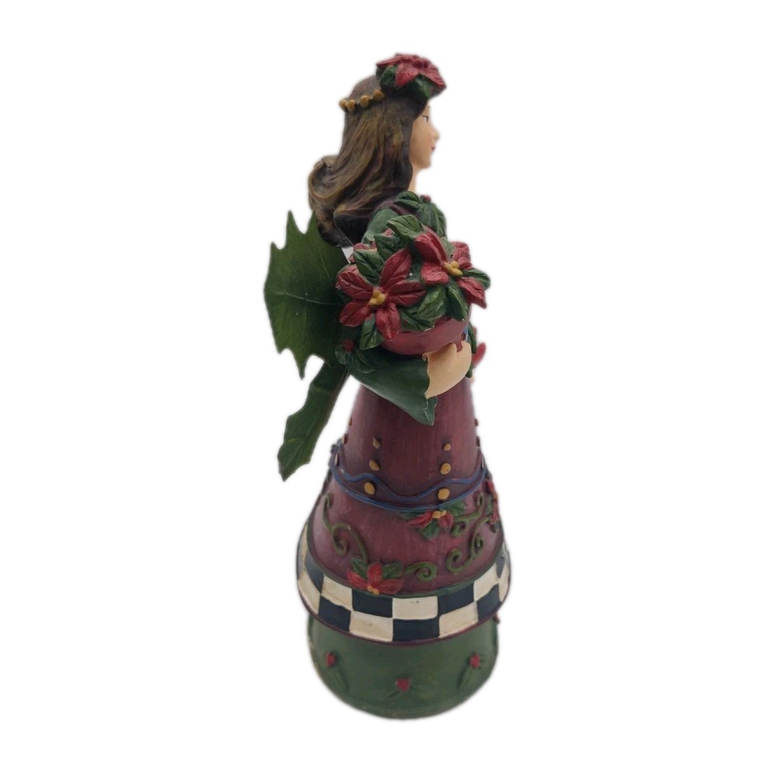 Resin GARDEN ANGEL Figurine Ornament Christmas Poinsettia Checkered READ!!!