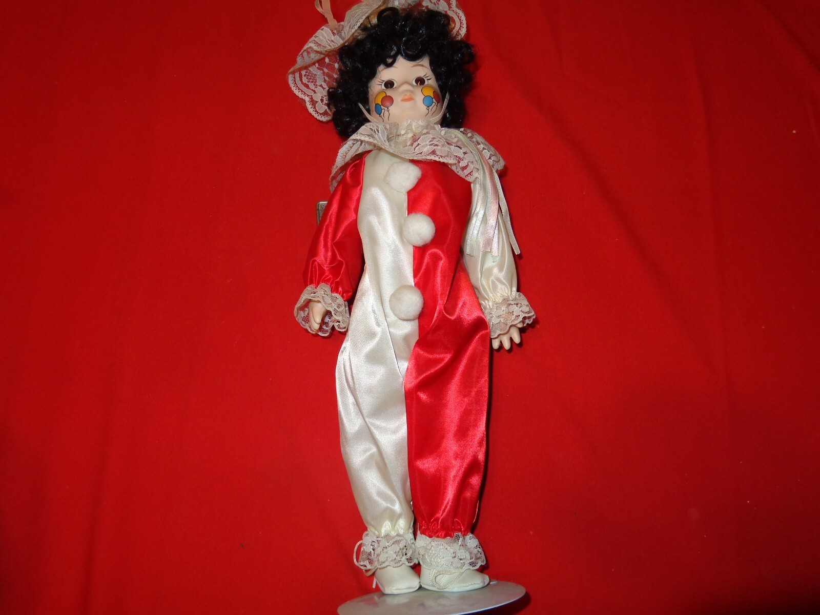 20 in VINTAGE HAPPY CLOWN DOLL HAND PAINTED CERAMIC HEAD + METAL STAND # 682