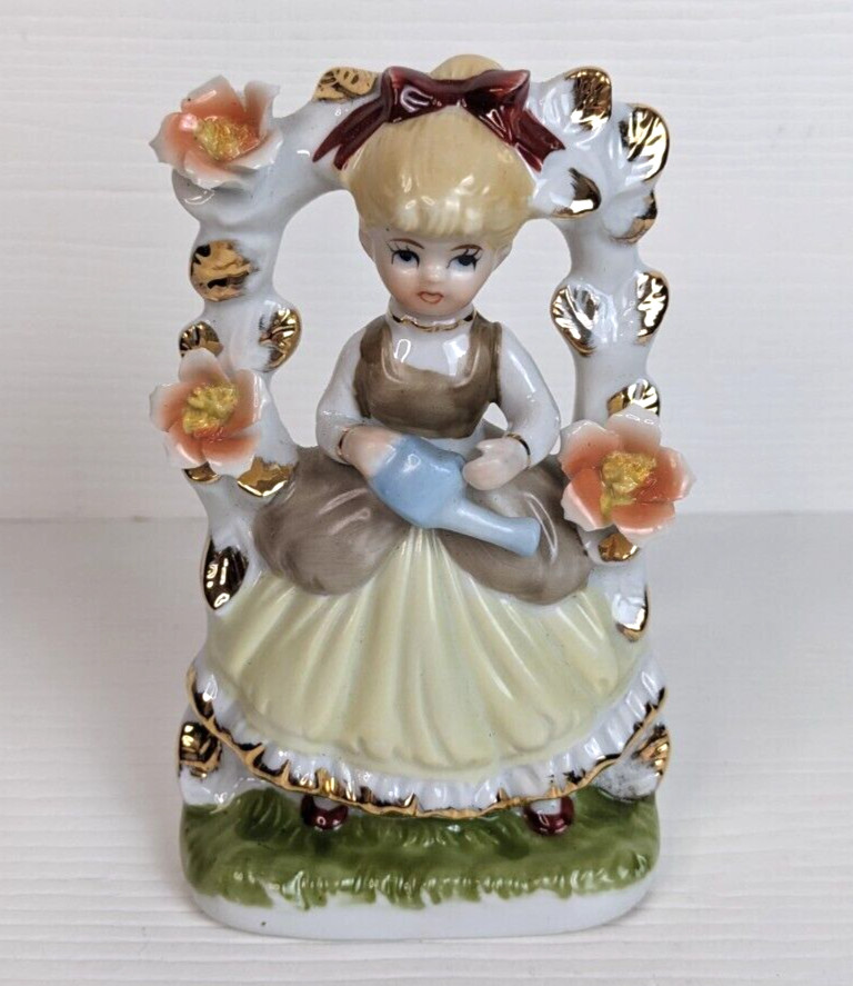 Vtg Girl w/ Watering Can Floral Arch Arbor Figurine Porcelain Korea Gold Accents