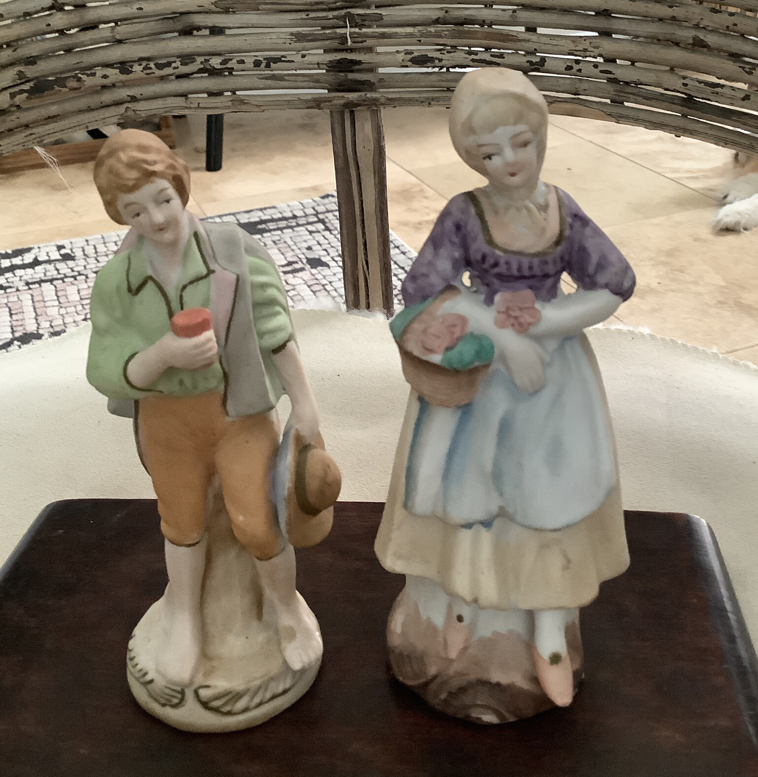 Occupied Figurines Japan Barefoot Man Holding Hat & woman W/Flower Basket Bisque