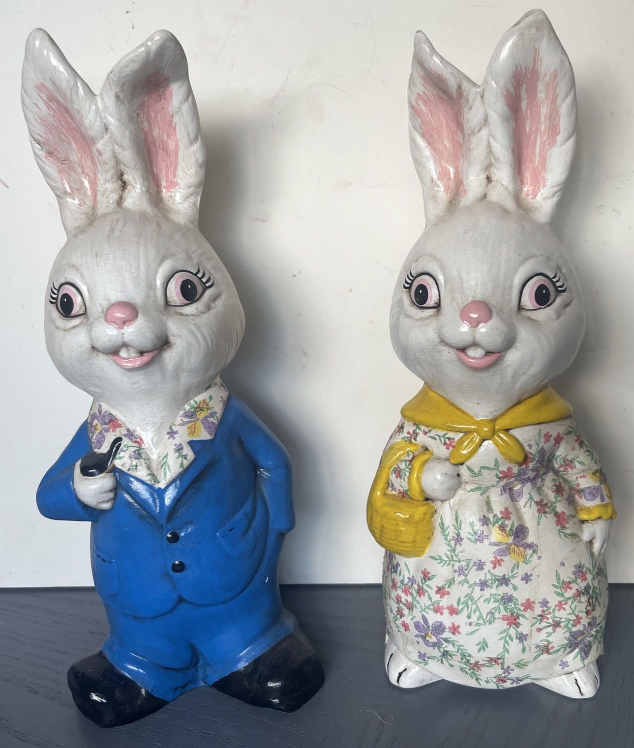 vintage Hand painted ceramic bunny figurine Couple Set 1960s 11” Tall