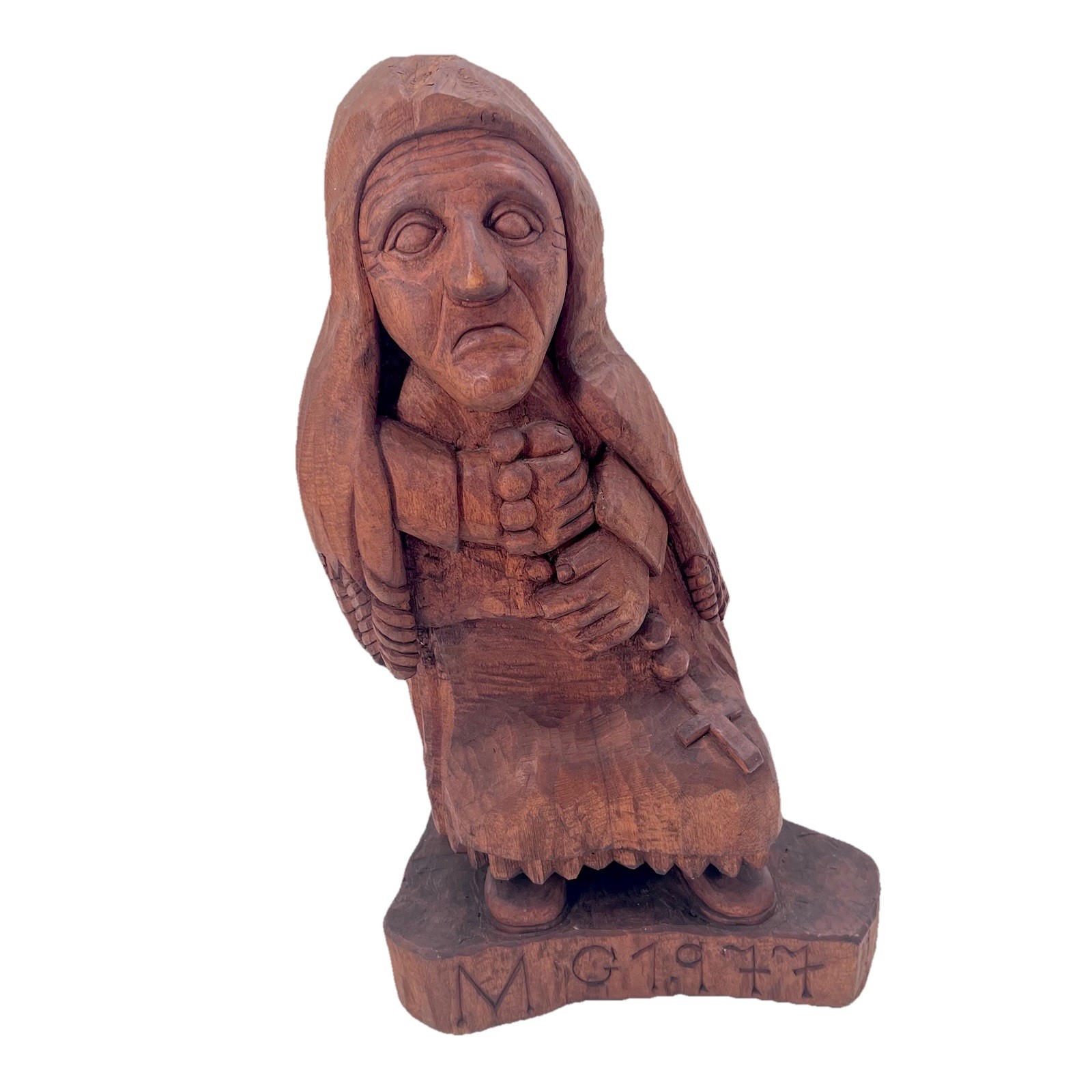 Vintage MG 1977 Folk Art Religious Woman Solid Hand Carved Wood Statue 16″ Tall
