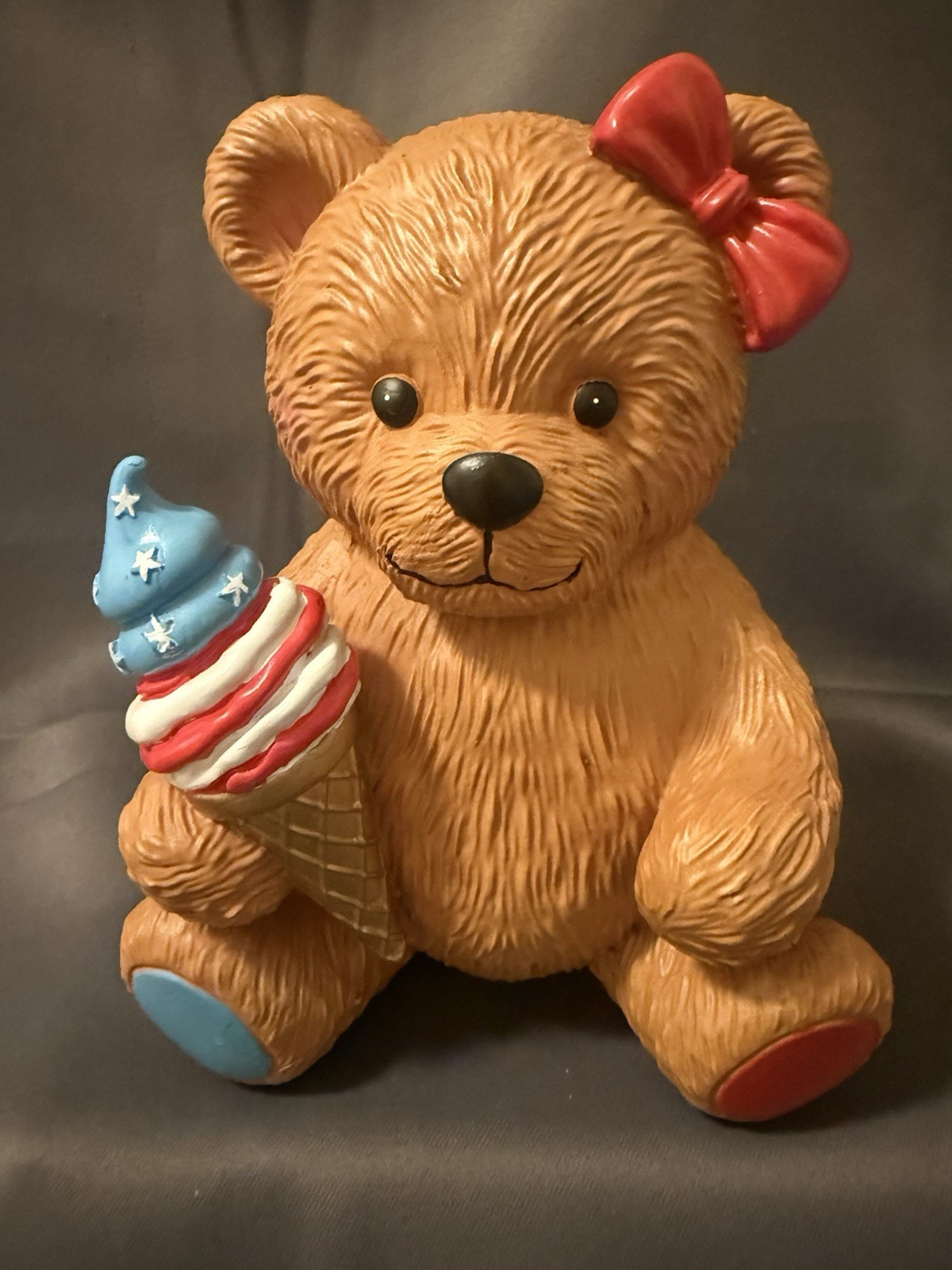 Patriotic Teddy Bear With Ice Cream Cone 8” Resin Figurine USA Americana Decor