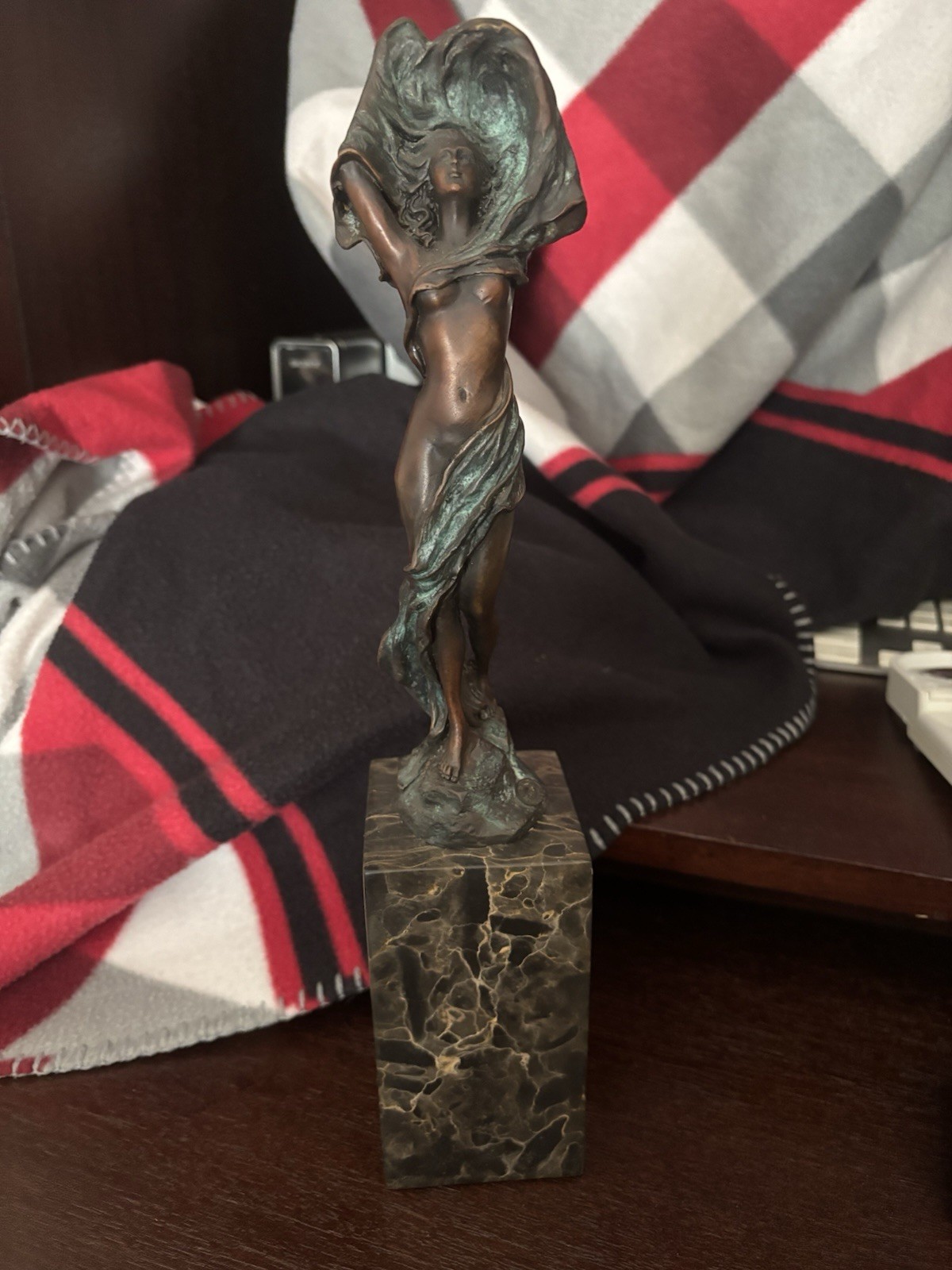Art Deco Bronze Woman Figurine Antique Finish on Marble Base Sculpture
