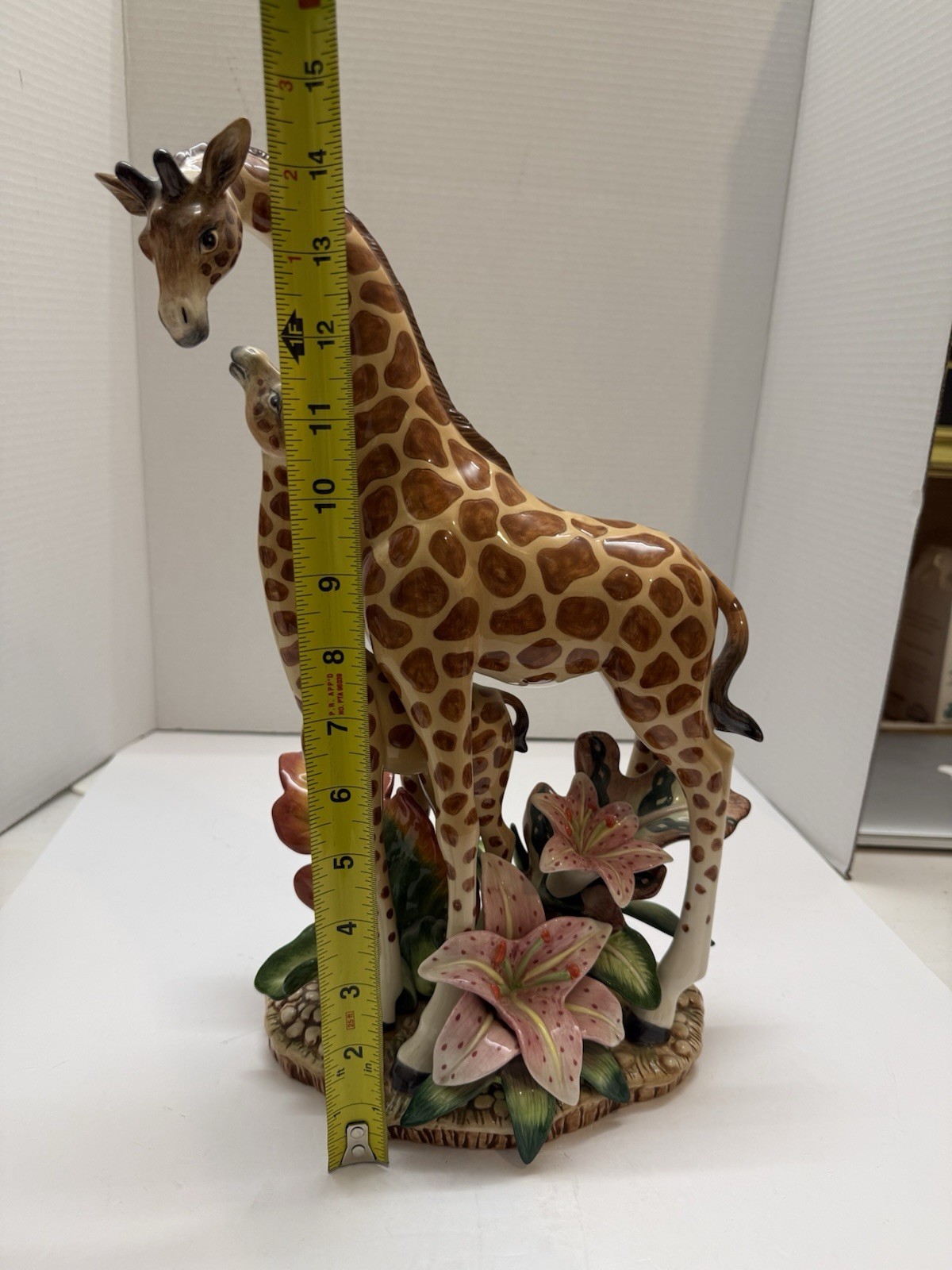 Vintage Fitz & Floyd Mother Baby Giraffe Figurine Statue With Pink Lilies 15”