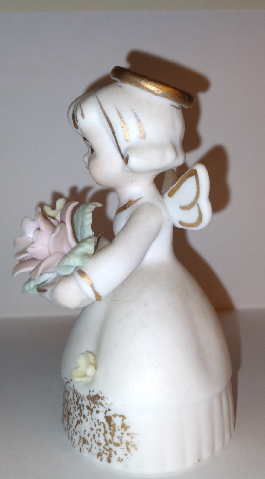 Vintage Ucago Japan Angel Bell Ceramic Figurine Birthday Girl Pastel Flowers
