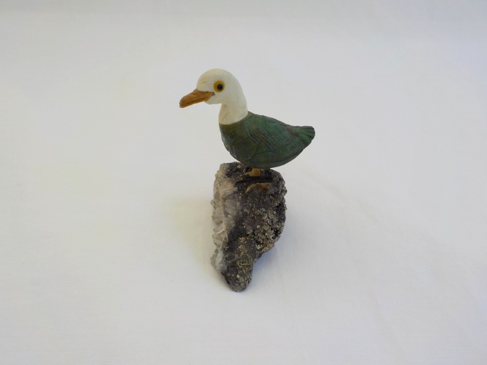 Vintage Extra Small Duck Hand Carved Stone Bird Figurine 2.25″Tall Green White