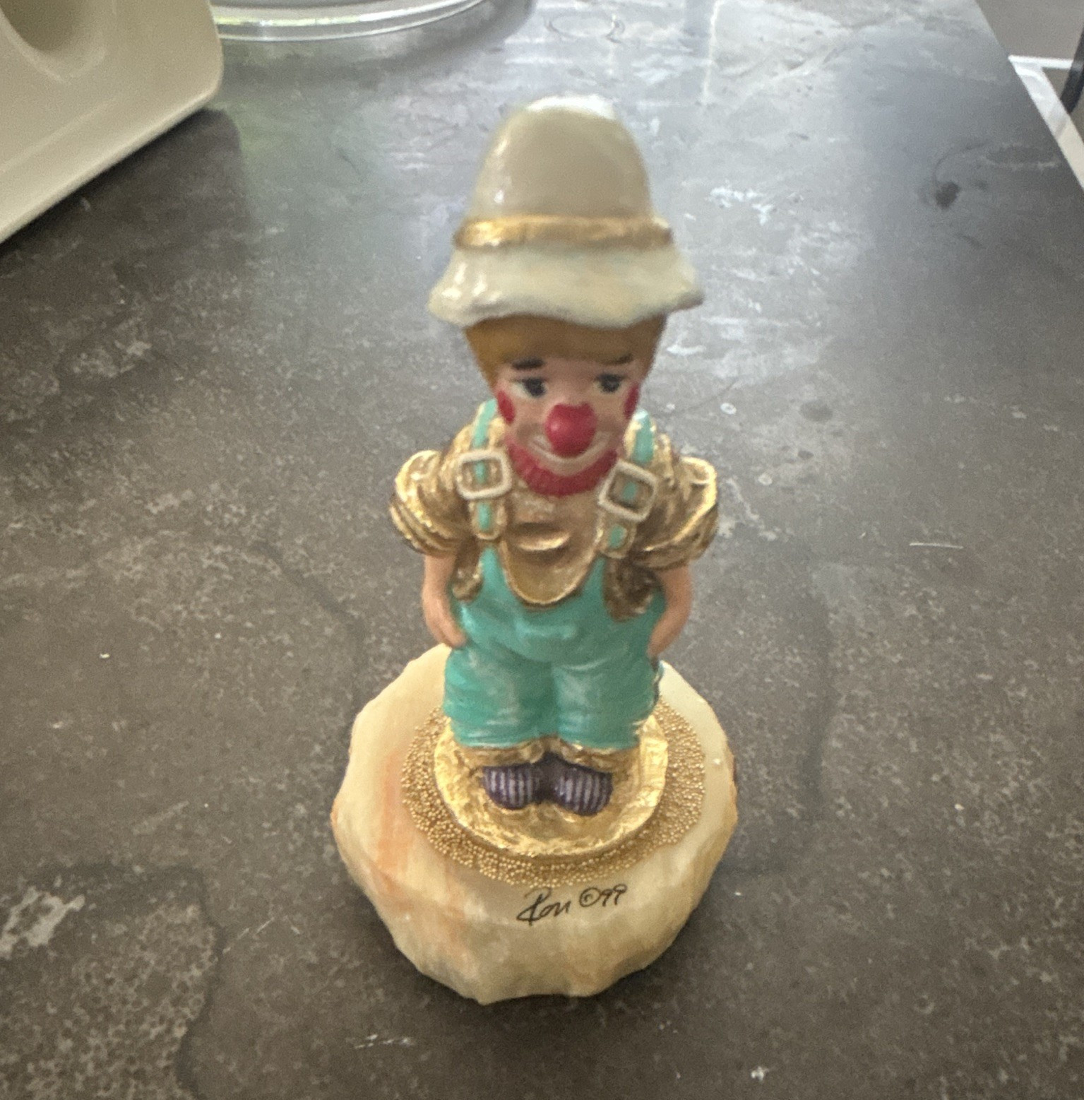 Ceramic Girl Figurine on Stone Base, Signed, Glossy Multicolor Decor
