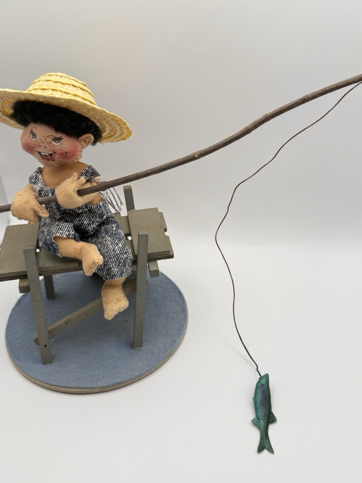 Vintage 1993 Annalee Fisherman Doll Figure Fishing Pole Fish Bench Display