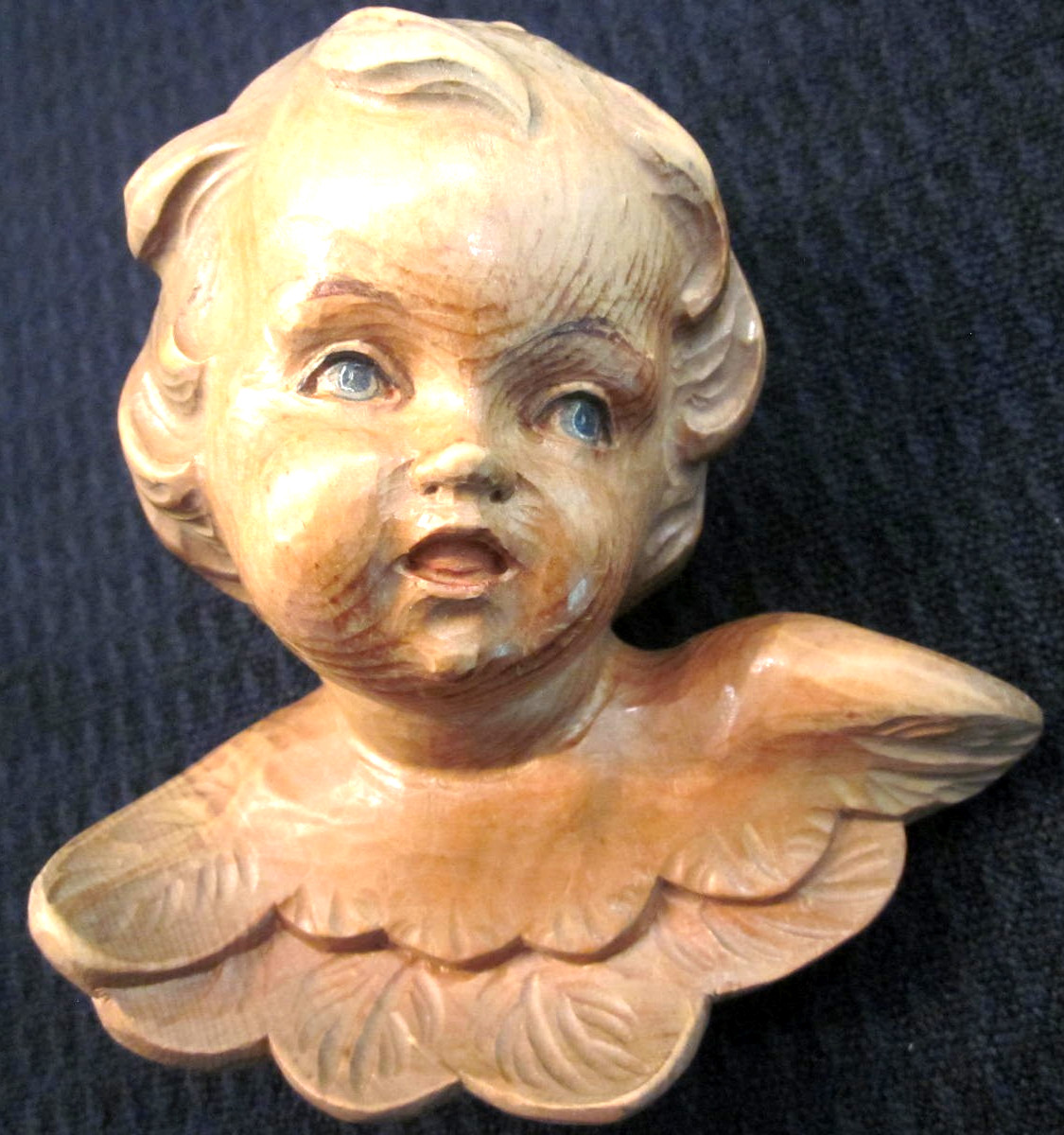 Vintage Hanging Hand Carved Cherub/Angel With Painted Eyes And Mouth