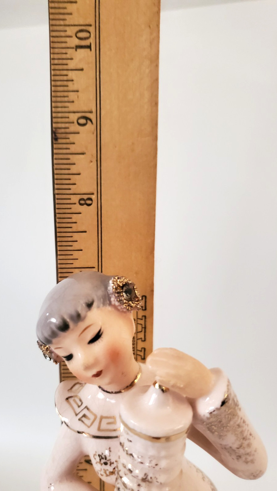 VINTAGE FEMALE ASIAN FIGURINE PINK GOLD TRIM AND RHINESTONES